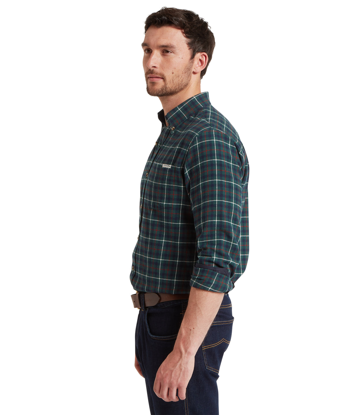 Akenham shirt botanical green dark green and maroon plaid button-down with rolled-up sleeves