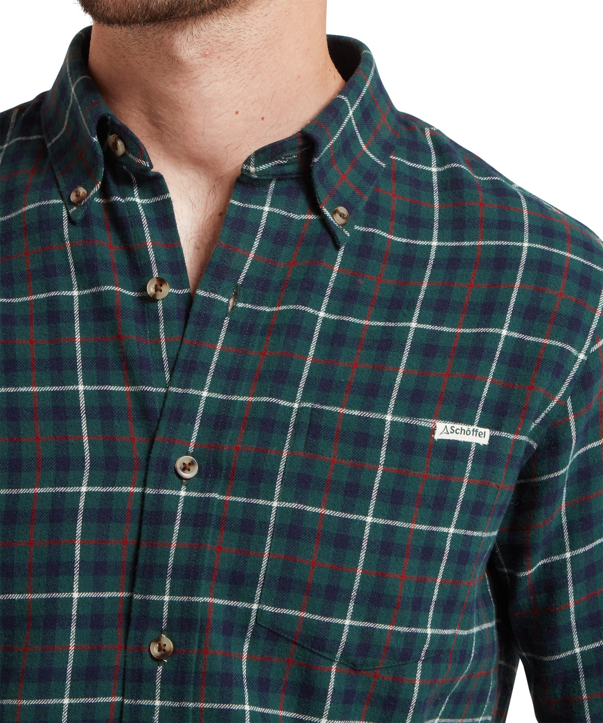 Akenham shirt in botanical green featuring dark green and red plaid with white grid lines