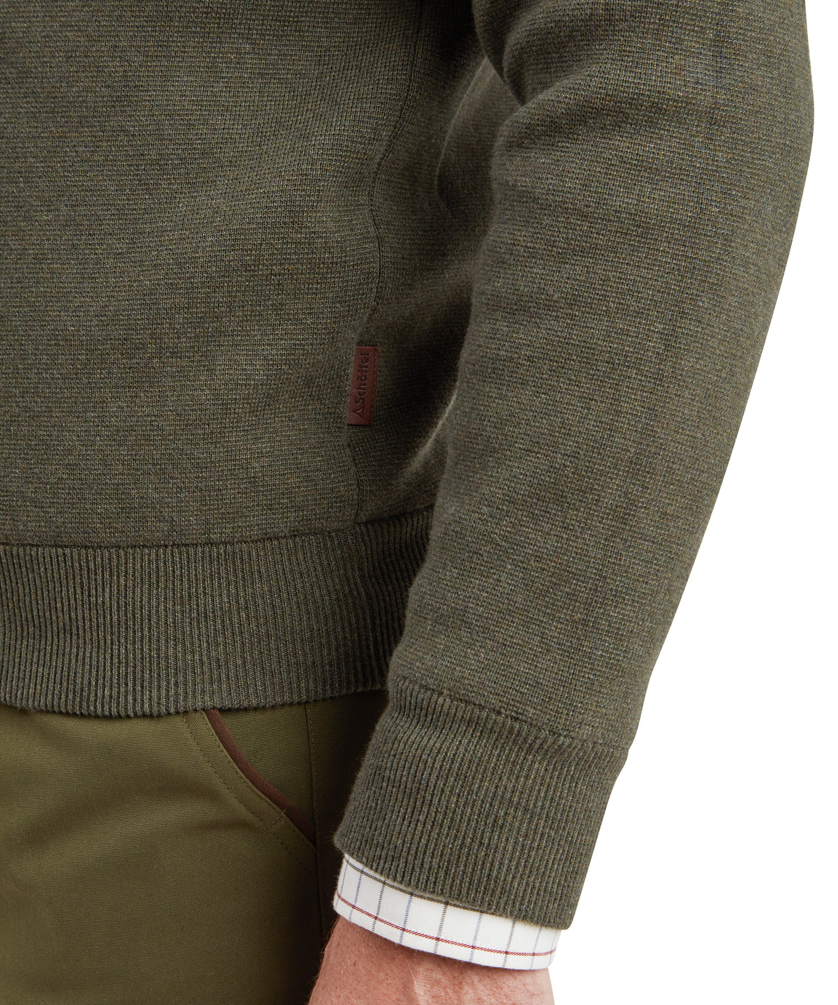 Olive green textured knit Angus aerobloc quarter zip sweater with ribbed cuffs and brown leather