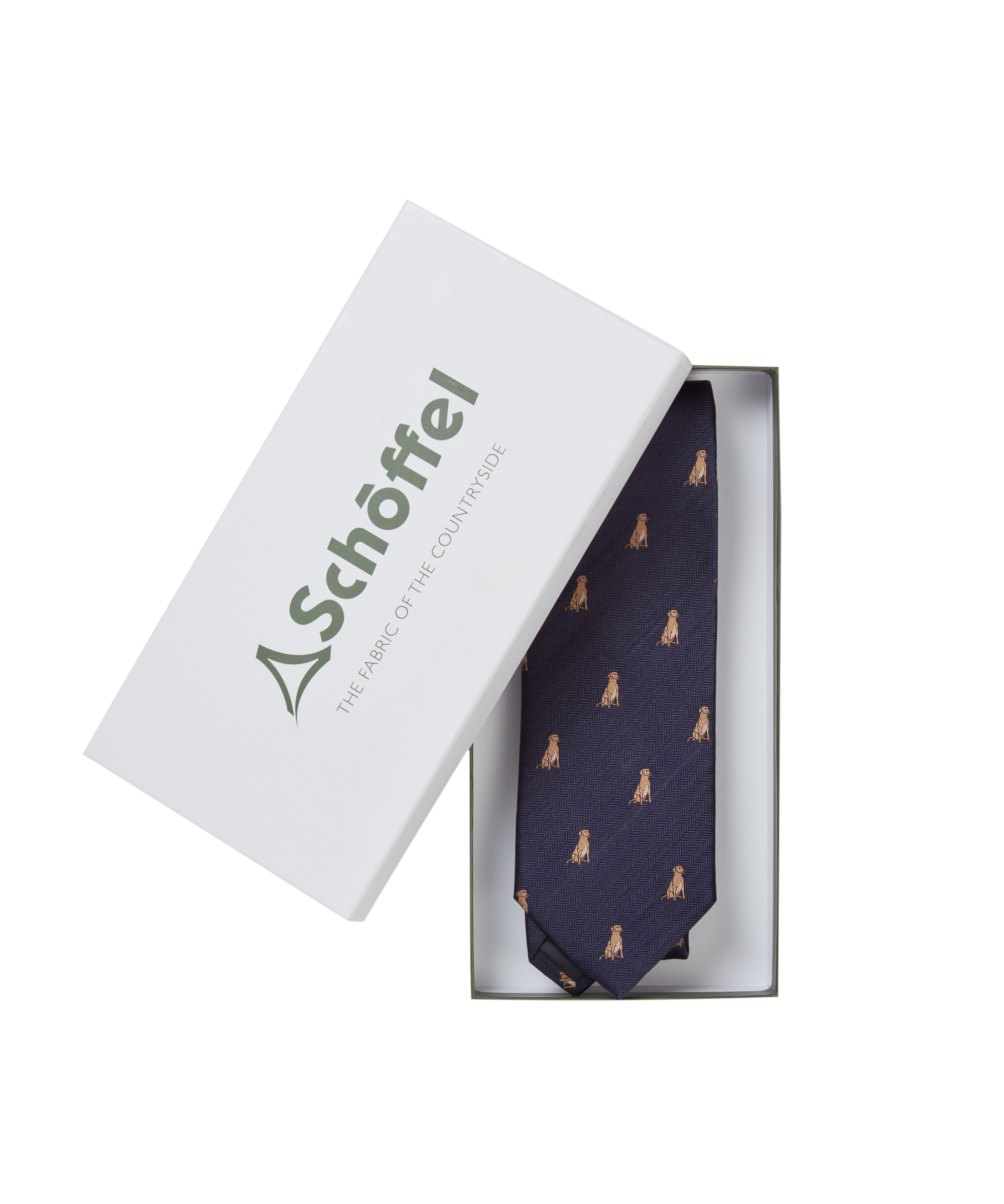Navy tie with brown patterns in a Schoffel box on a white background
