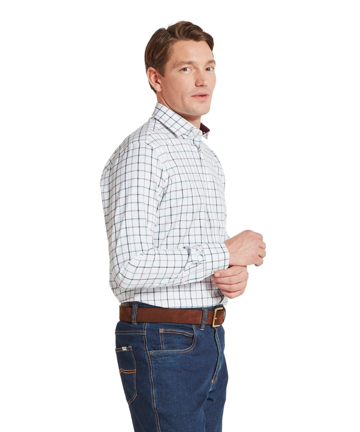 Schöffel's Baconsthorpe Tailored Shirt in Purple, on model, maroon collar
