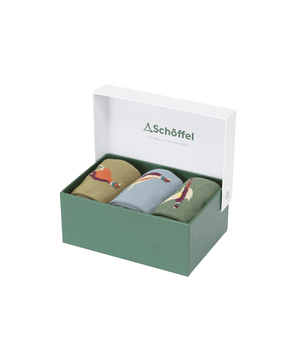 A set of three bamboo socks in olive light blue and dark green with detailed bird embroidery lake