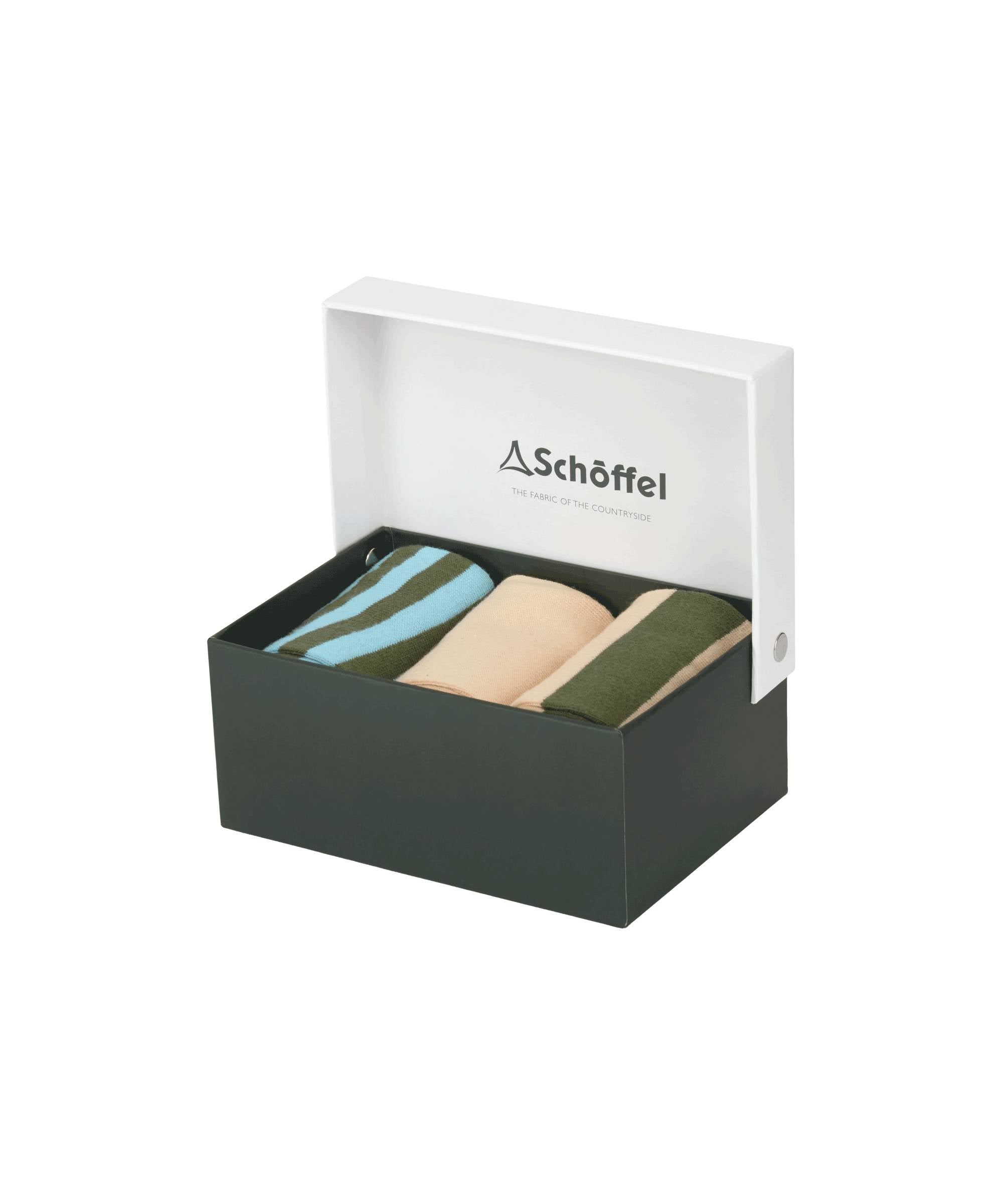 Schöffel men’s bamboo socks box of 3 cedar stripe set in black white gift box with blue green