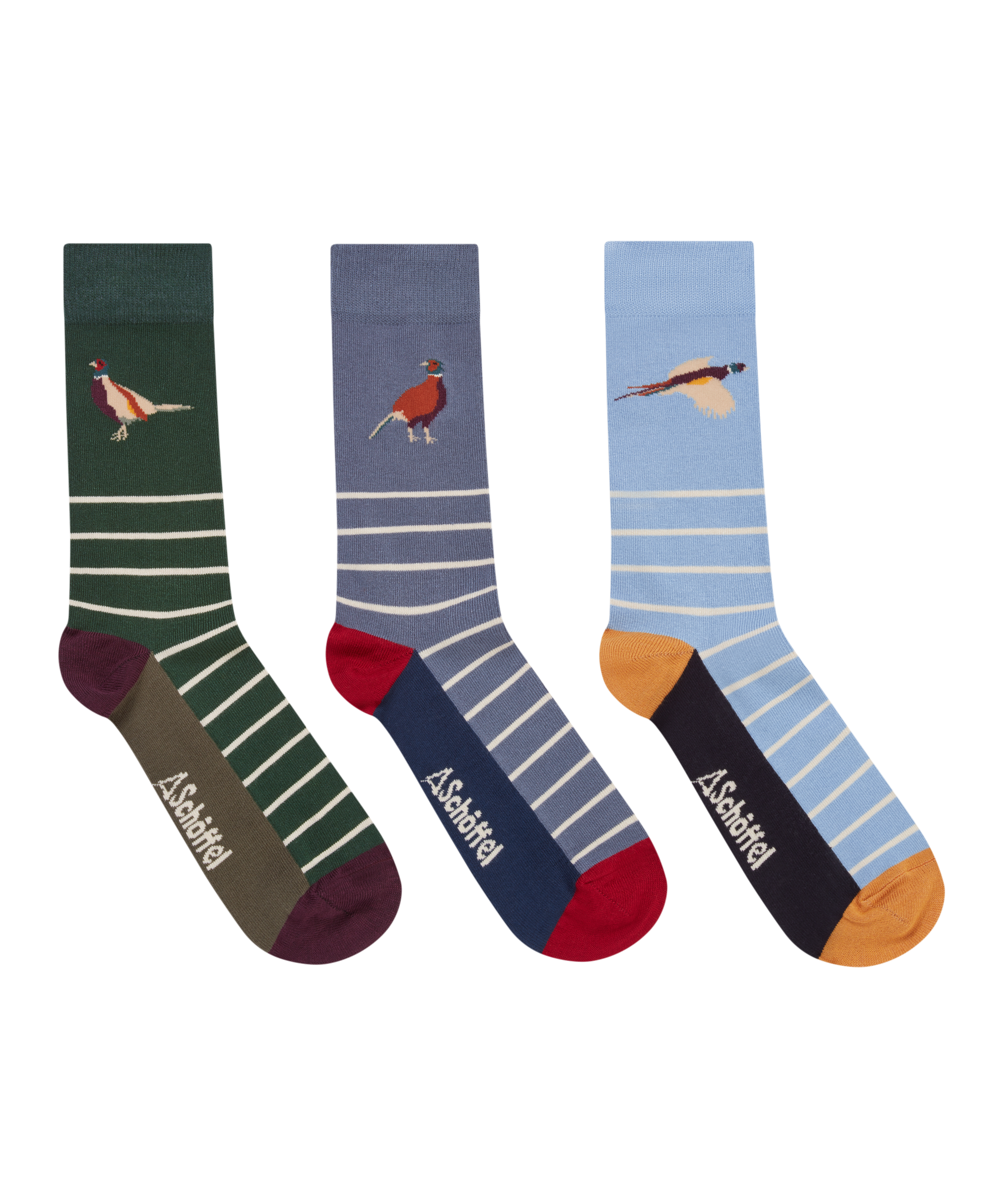 Three pairs of striped socks with pheasant designs on a white background
