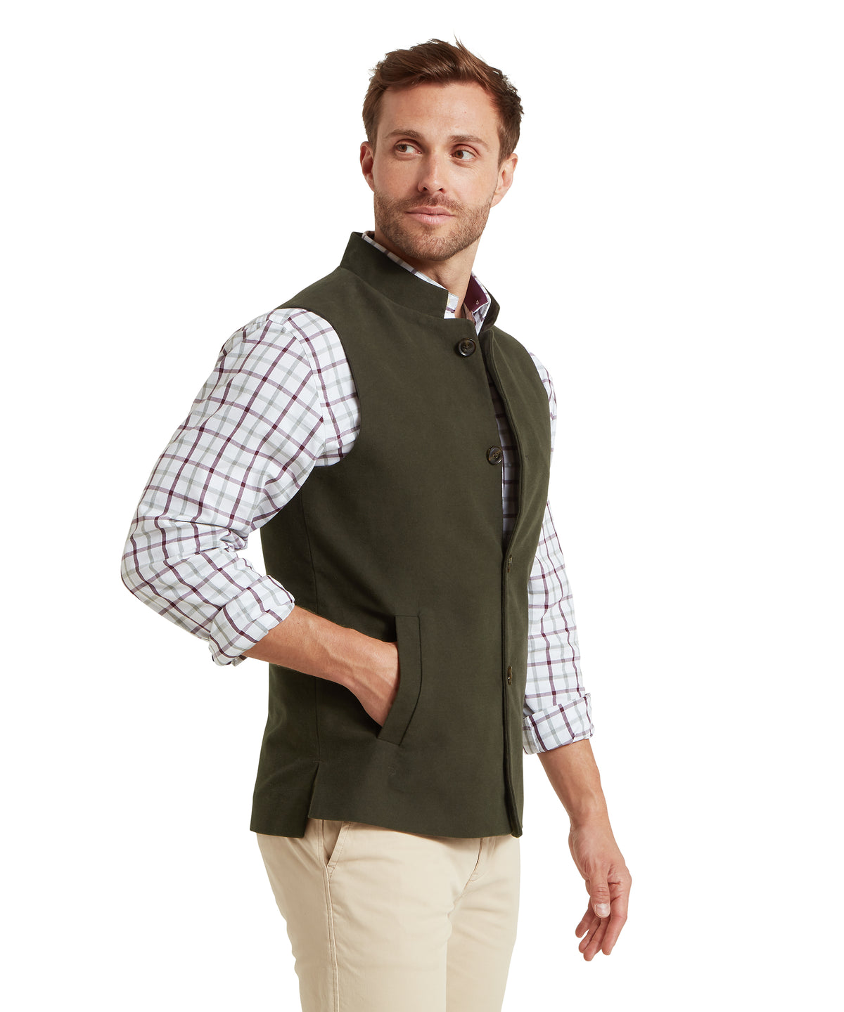 Barnsdale nehru waistcoat in olive green with stand collar and front pockets made from soft fabric