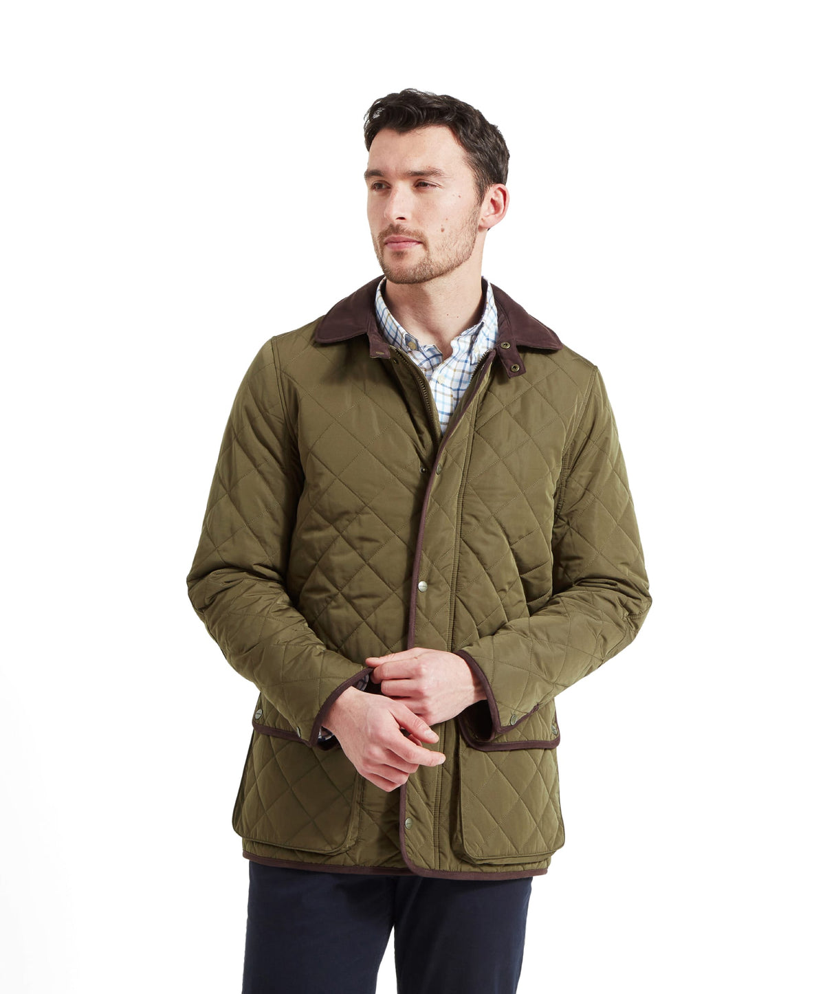 Barrowden quilt jacket in olive green with diamond quilted stitching and dark brown collar and cuffs