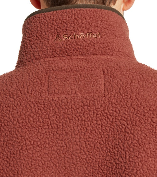 Schöffel Berkeley men's retro fleece in brown, close-up back view showing textured sherpa fabric, contrast collar trim and embroidered logo