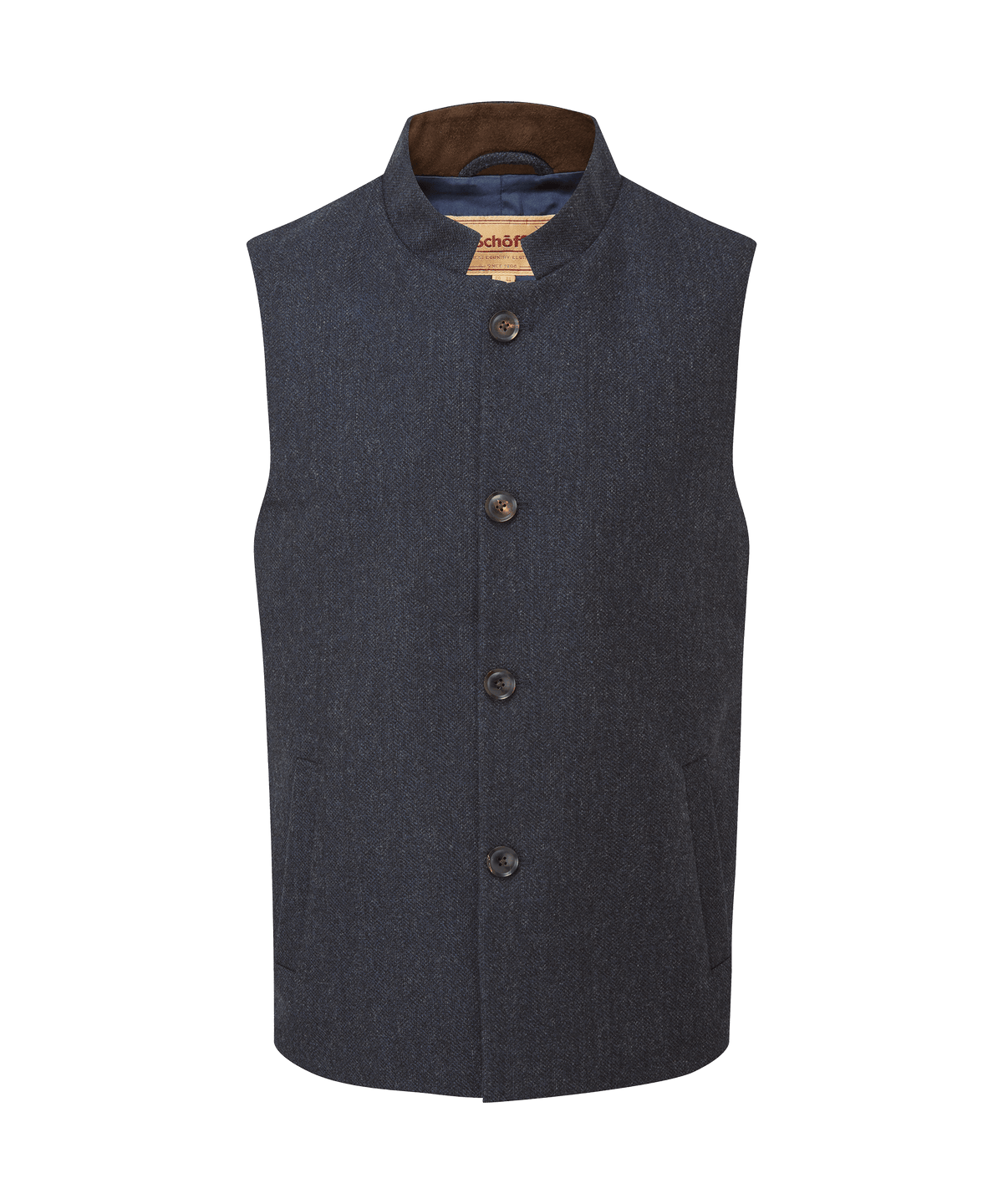Berwick nehru tweed waistcoat in dark navy herringbone wool with stand-up collar and matching