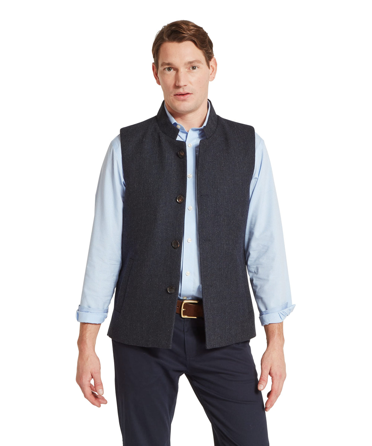 Berwick nehru tweed waistcoat dark navy herringbone woolen vest with mandarin collar and five dark