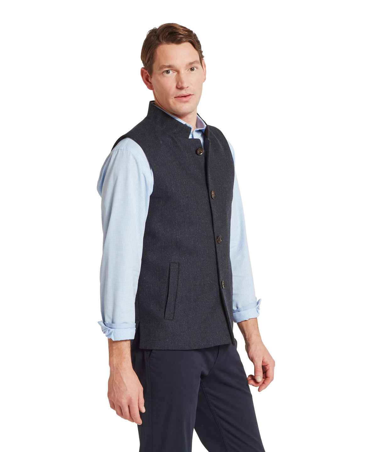Schöffel's Berwick Nehru Tweed Waistcoat in Navy, on model, stand-up collar
