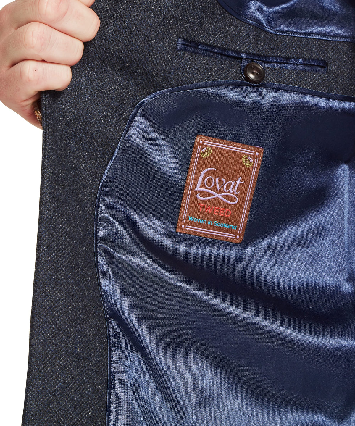 Dark navy herringbone tweed berwick nehru waistcoat interior with dark blue satin lining and lovat