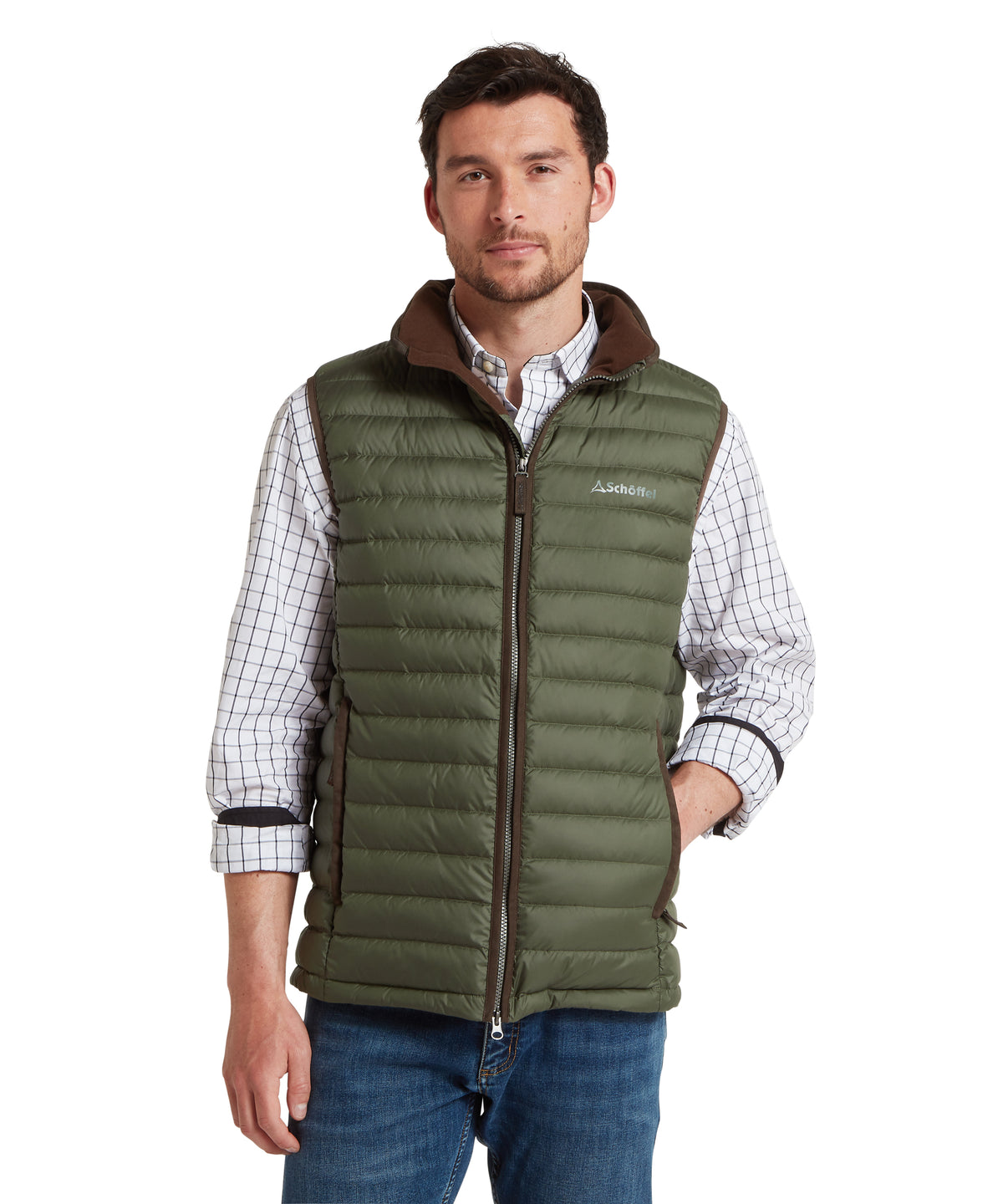 Olive green quilted Bowden Down gilet vest with brown hood and zipper trim for woodland outdoor use