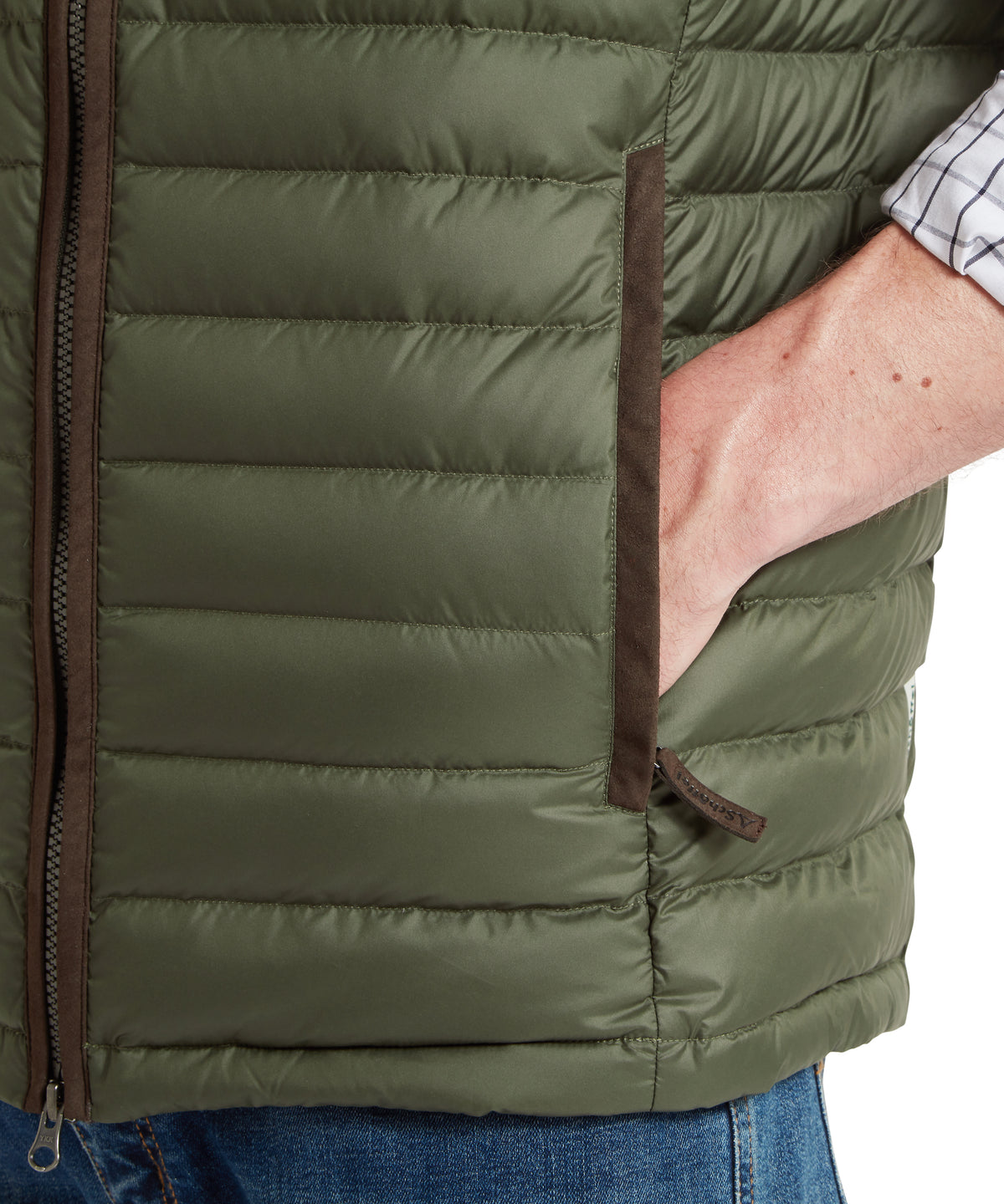 Olive green quilted bowden down gilet with brown zipper and trim ideal for woodland outdoor use