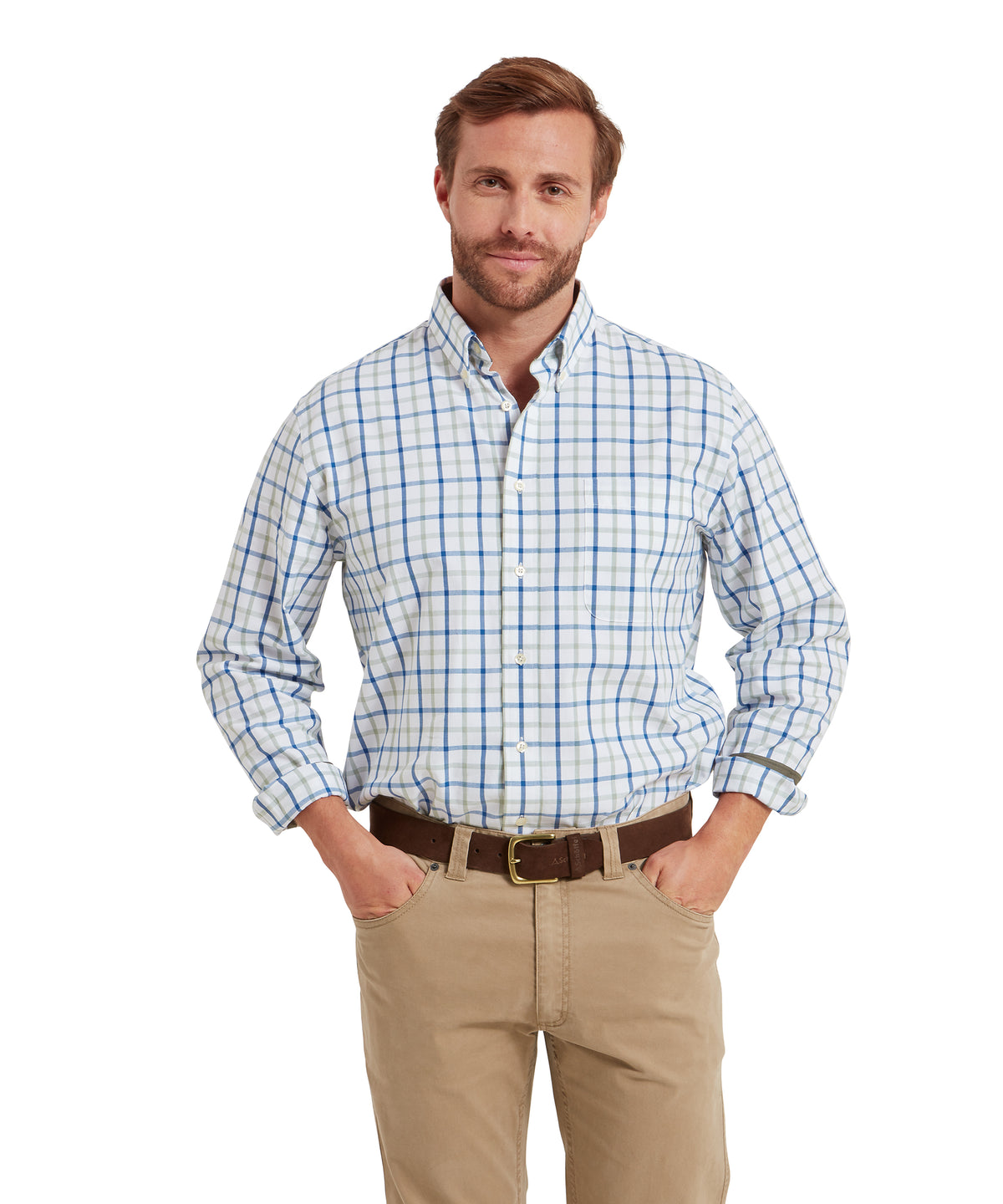 Brancaster classic shirt moss check blue and white plaid button-down cotton shirt with rolled-up