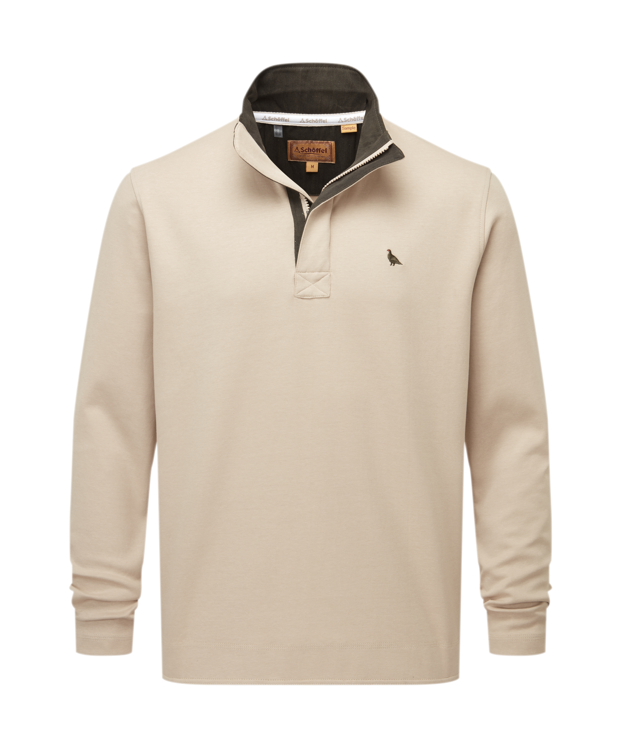 Beige sweatshirt with a dark collar on a white background