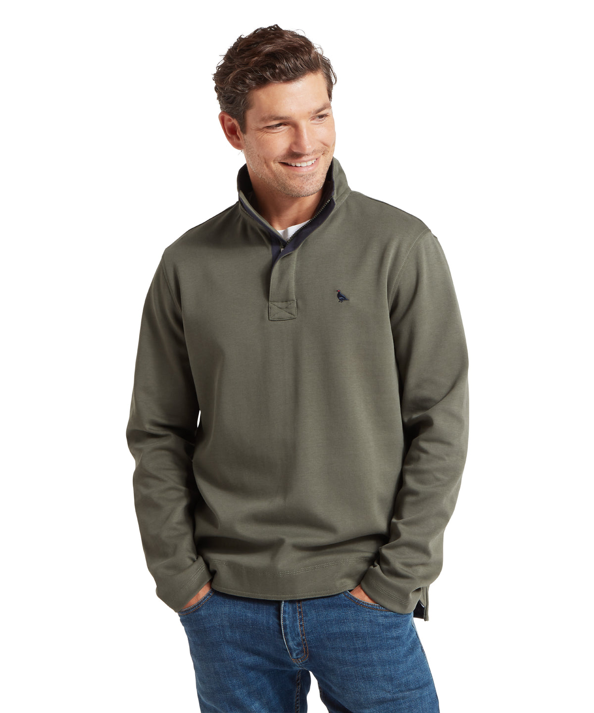 Olive green branscombe cove quarter-zip pullover with subtle navy blue bird logo on chest in beetle