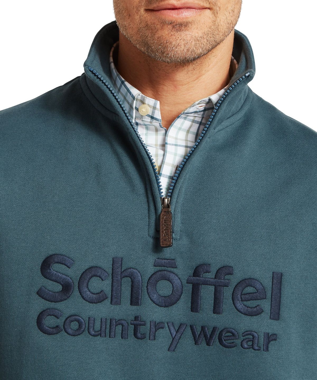 Teal quarter zip sweatshirt with Schöffel wear embroidery navy brown zipper pull ribbed collar deep