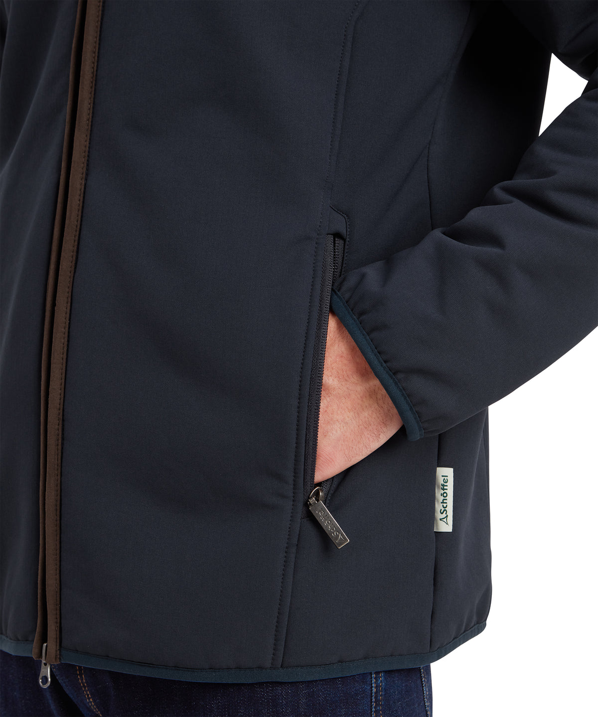 Burrough jacket navy dark navy softshell jacket with brown zipper pulls and subtle brand tag