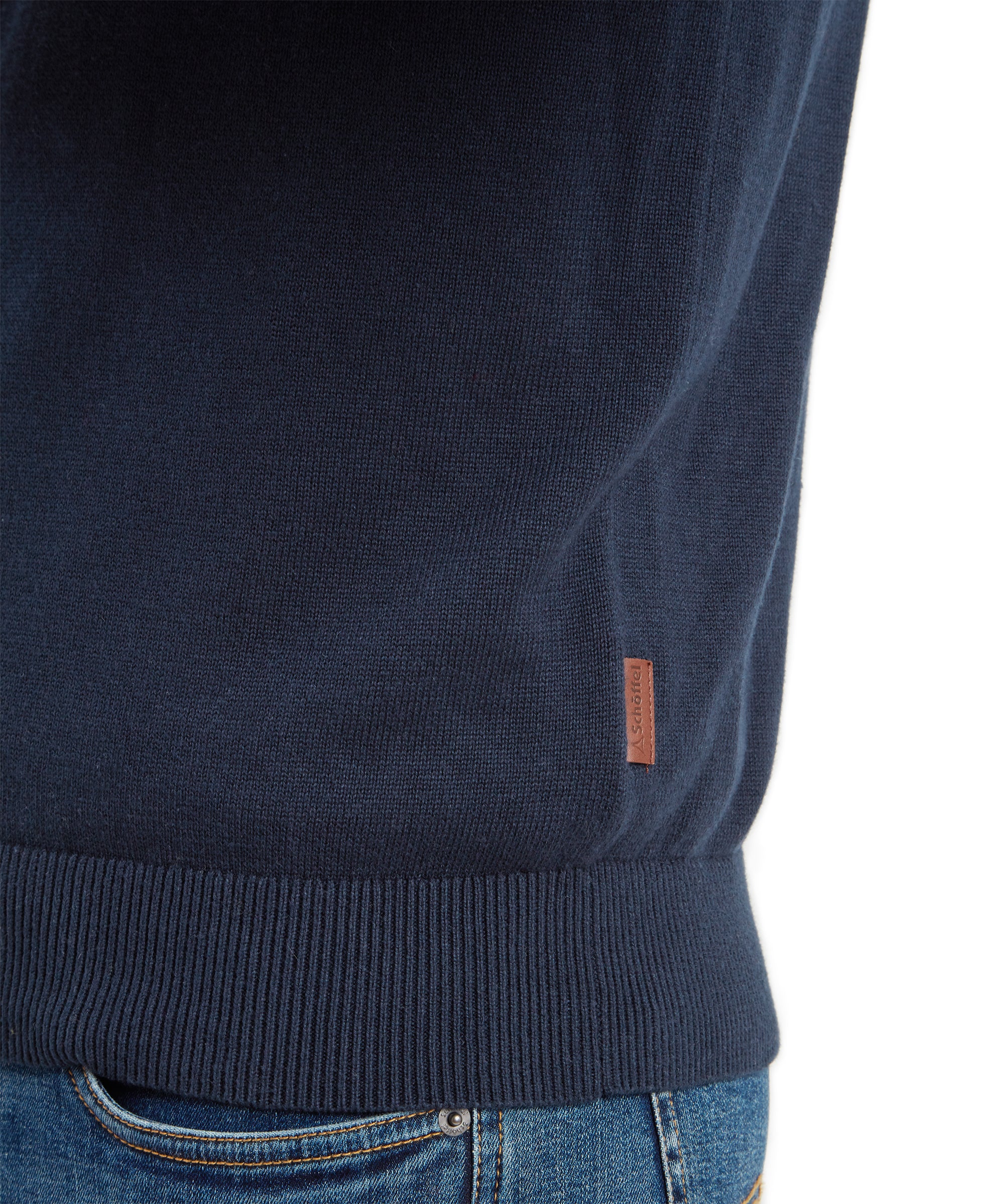 Calton cotton cashmere quarter zip jumper in petrol blue with dark navy knit ribbed hem and small