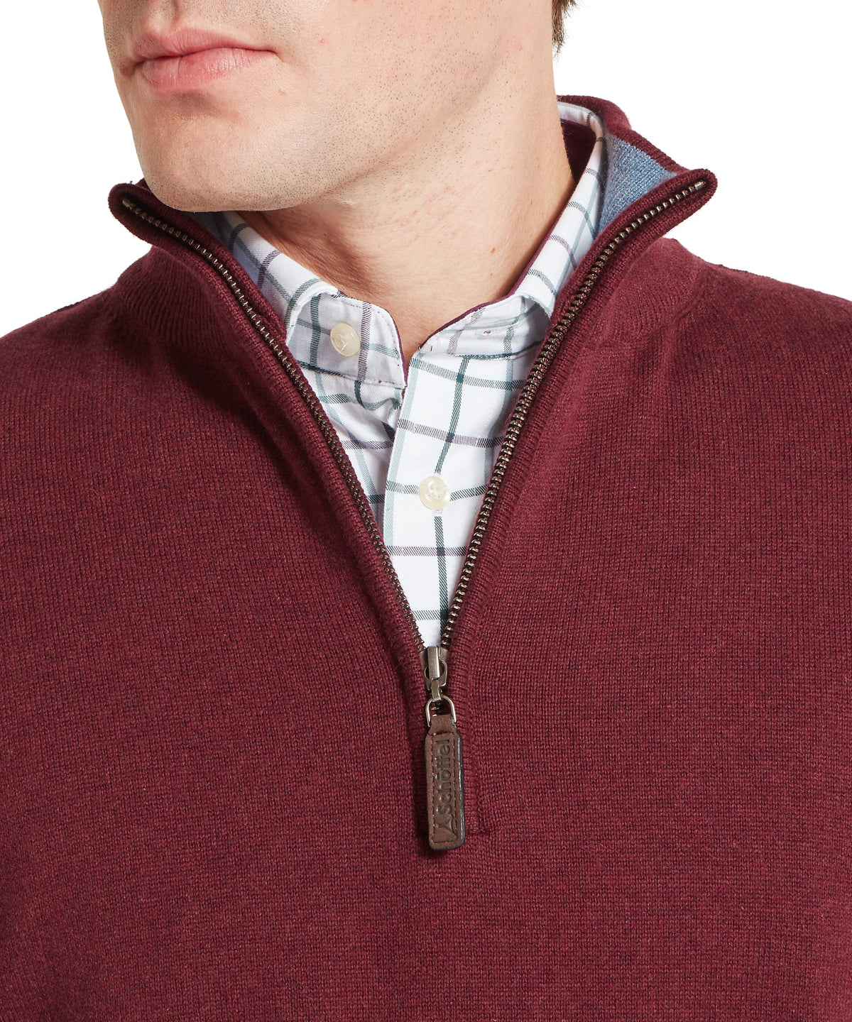 Calton cotton cashmere burgundy quarter zip jumper with textured knit fabric and contrasting blue