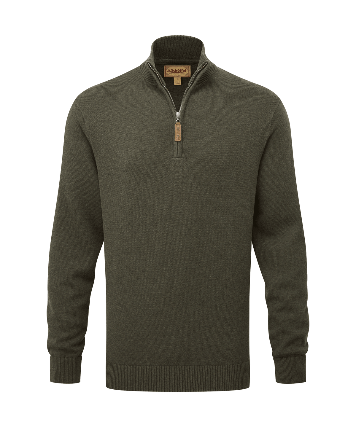 Calton cotton cashmere quarter zip jumper in loden green with olive green ribbed cuffs and brown
