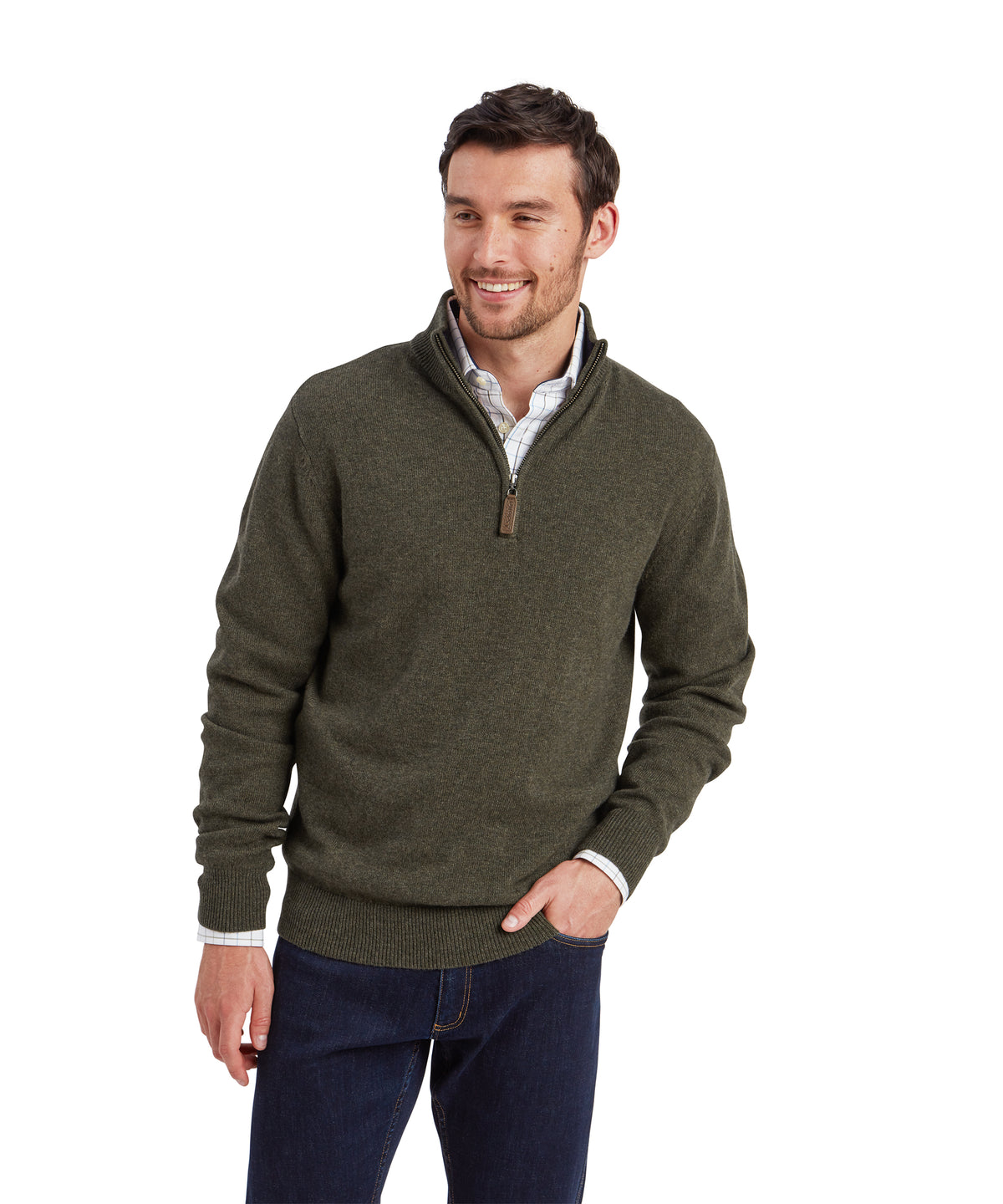 Model wearing the Schöffel Calton Cotton Cashmere 1/4 Zip Jumper in Green, a subtle zipper detail