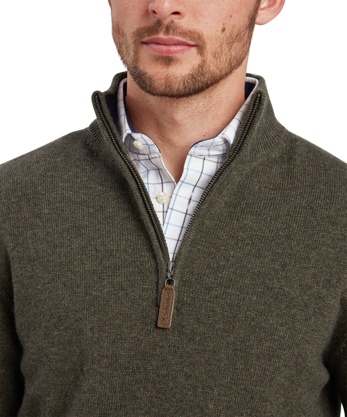 Calton Cotton Cashmere 1/4 Zip Jumper for men in Green, from Schöffel, brown leather zipper pull