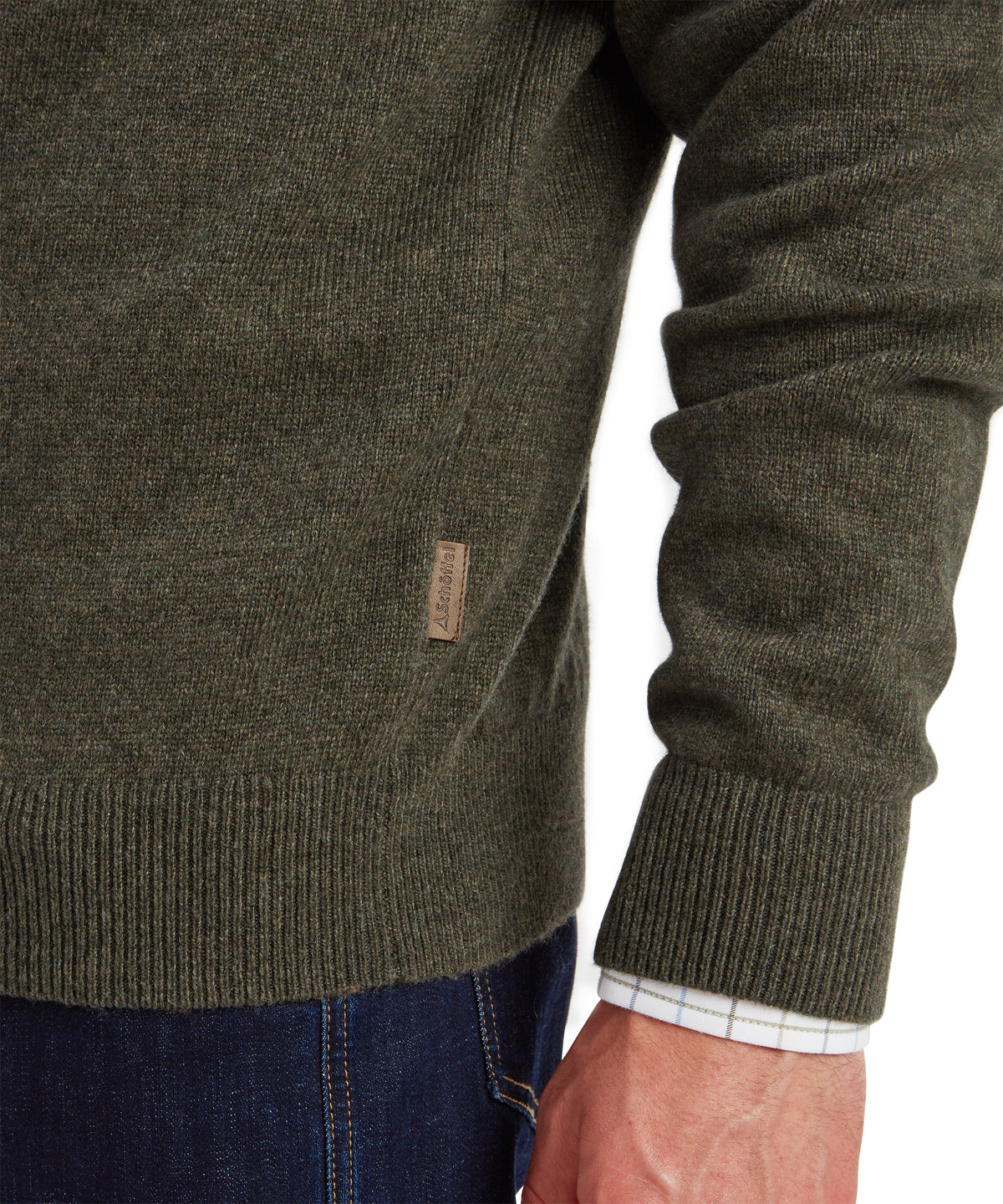 Calton cotton cashmere quarter zip jumper in loden green with ribbed cuffs and small brown leather