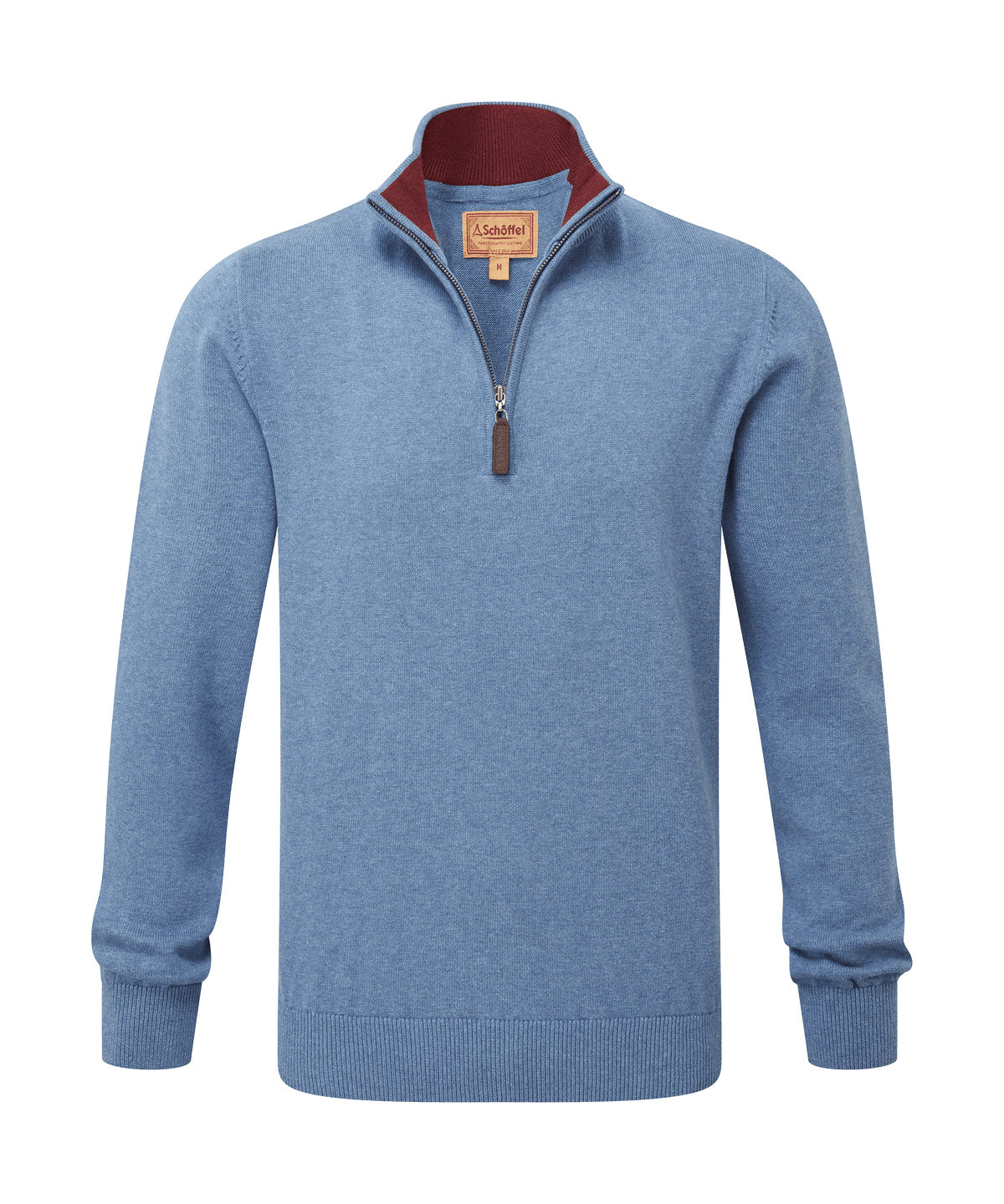 A light blue cotton cashmere quarter zip jumper with maroon collar and ribbed cuffs in lake blue