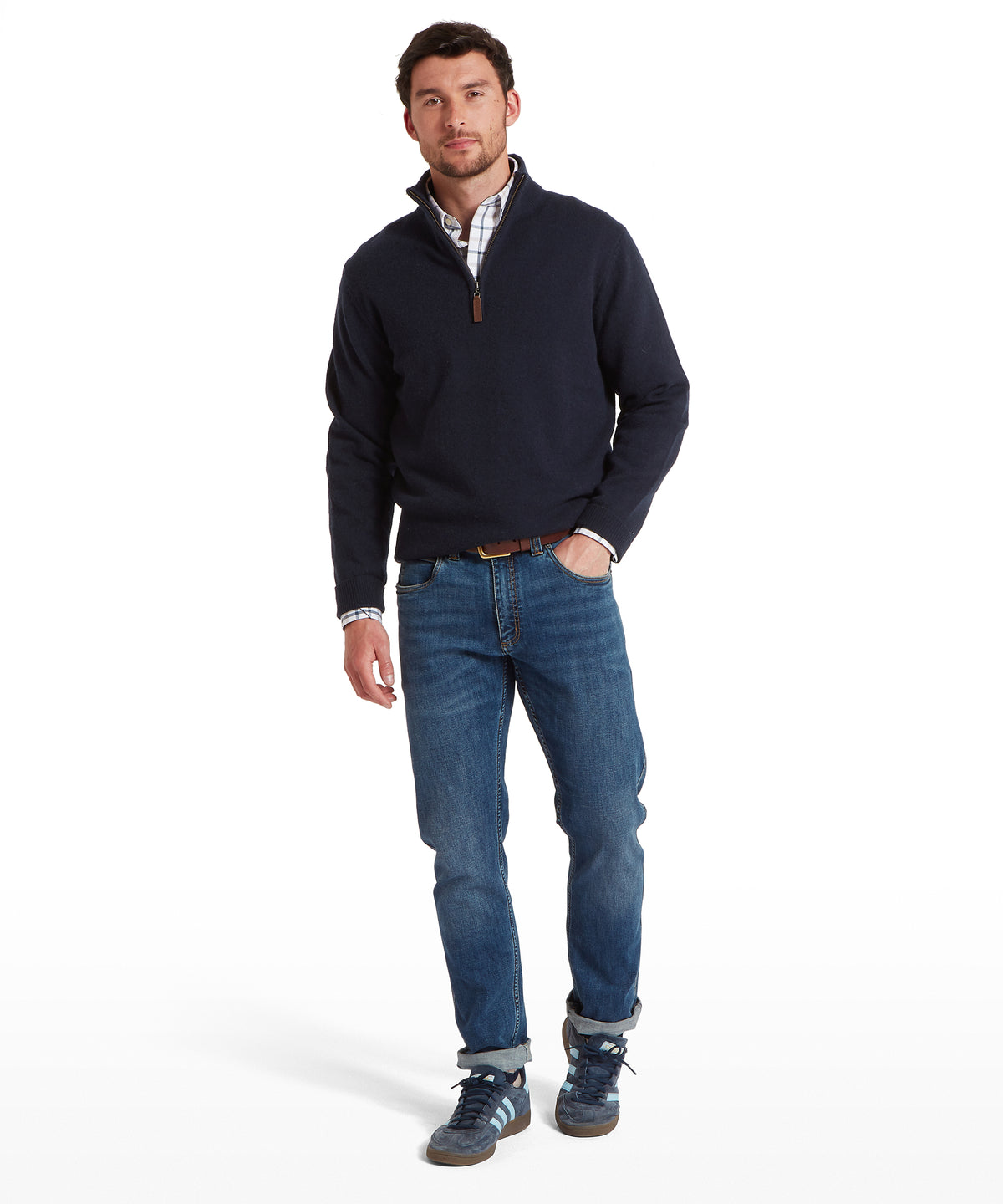 Navy calton cotton cashmere quarter zip jumper with ribbed cuffs and hem for a comfortable stylish