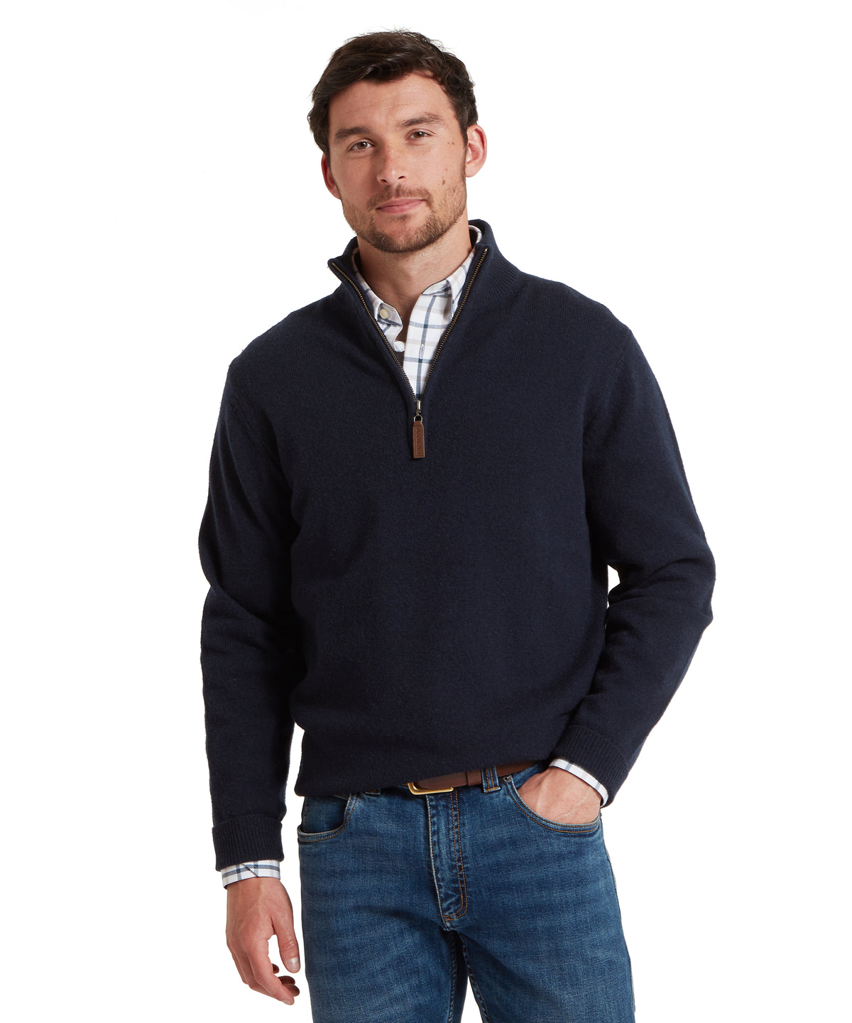 Navy blue calton cotton cashmere quarter zip jumper with brown zipper pull and ribbed cuffs
