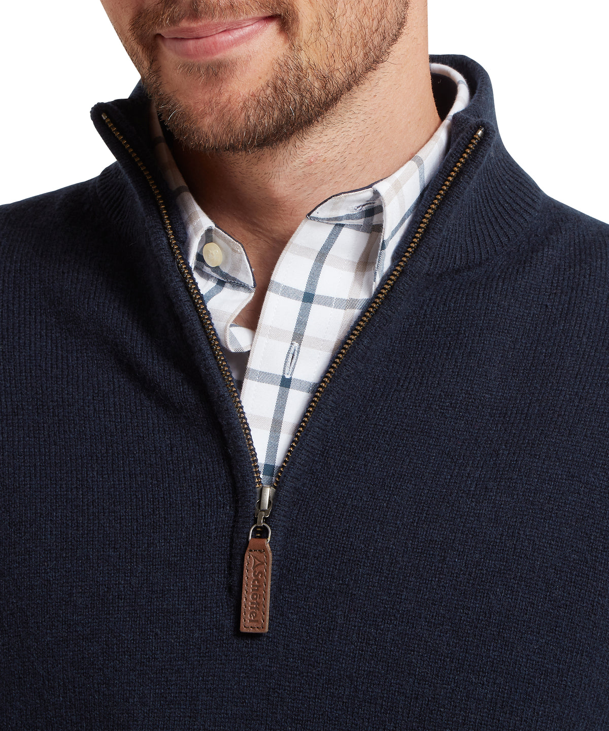 Navy calton cotton cashmere quarter zip jumper with brown leather zipper pull branded hollister