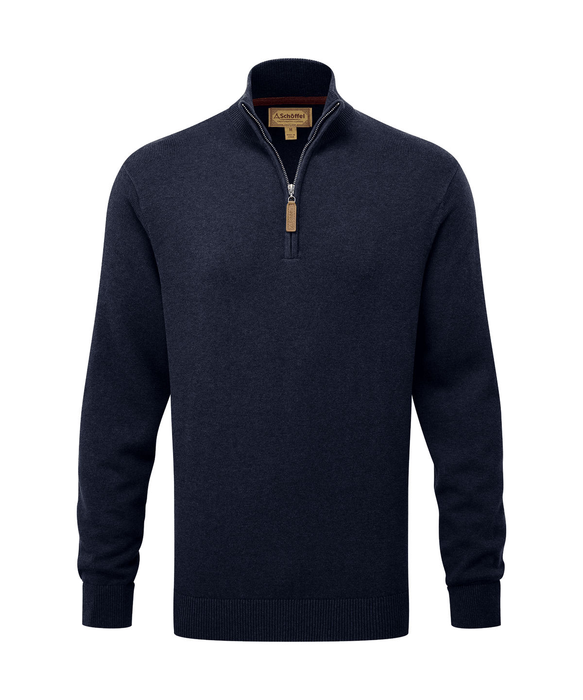 Navy blue cotton cashmere quarter zip jumper with ribbed cuffs and hem and brown zipper pull tag at