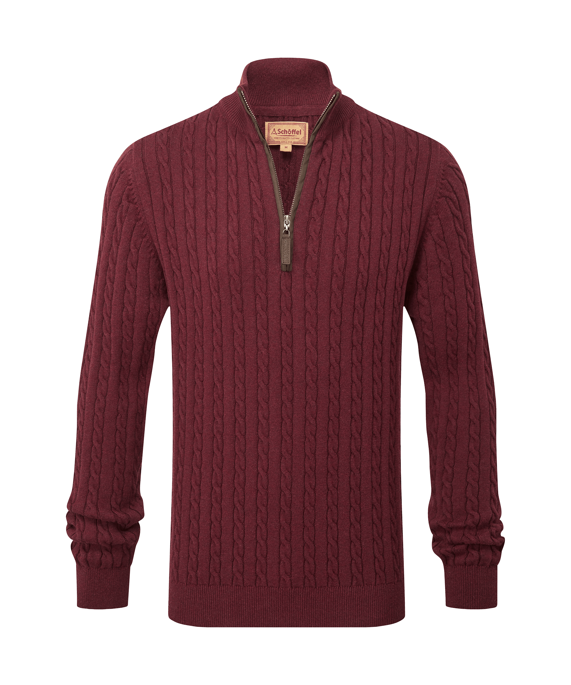 Schöffel men's cable-knit half-zip jumper in rich red with a leather zip pull and branded patch label