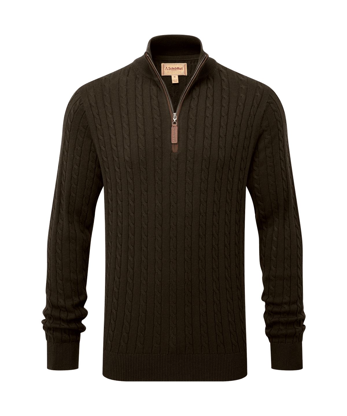 Calton cotton cashmere cable quarter zip jumper in dark brown with ribbed collar and cuffs