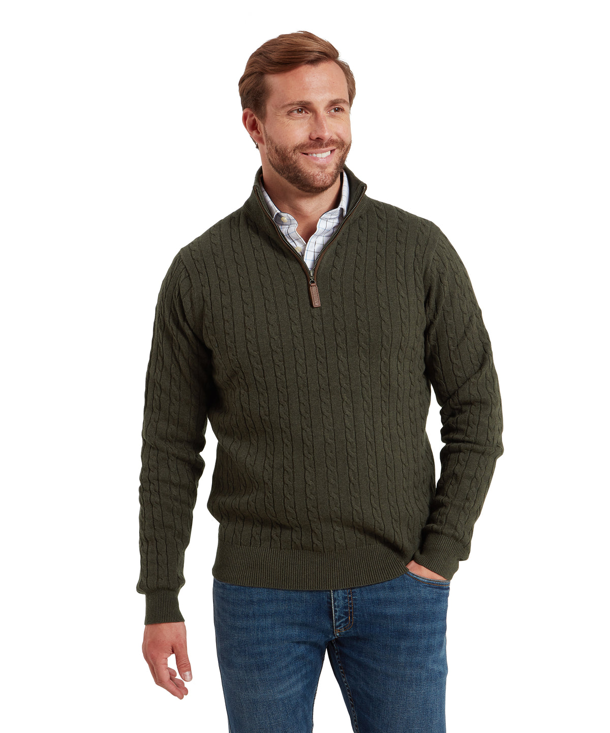 Calton cotton cashmere cable quarter zip jumper in loden green with ribbed cuffs and hem made