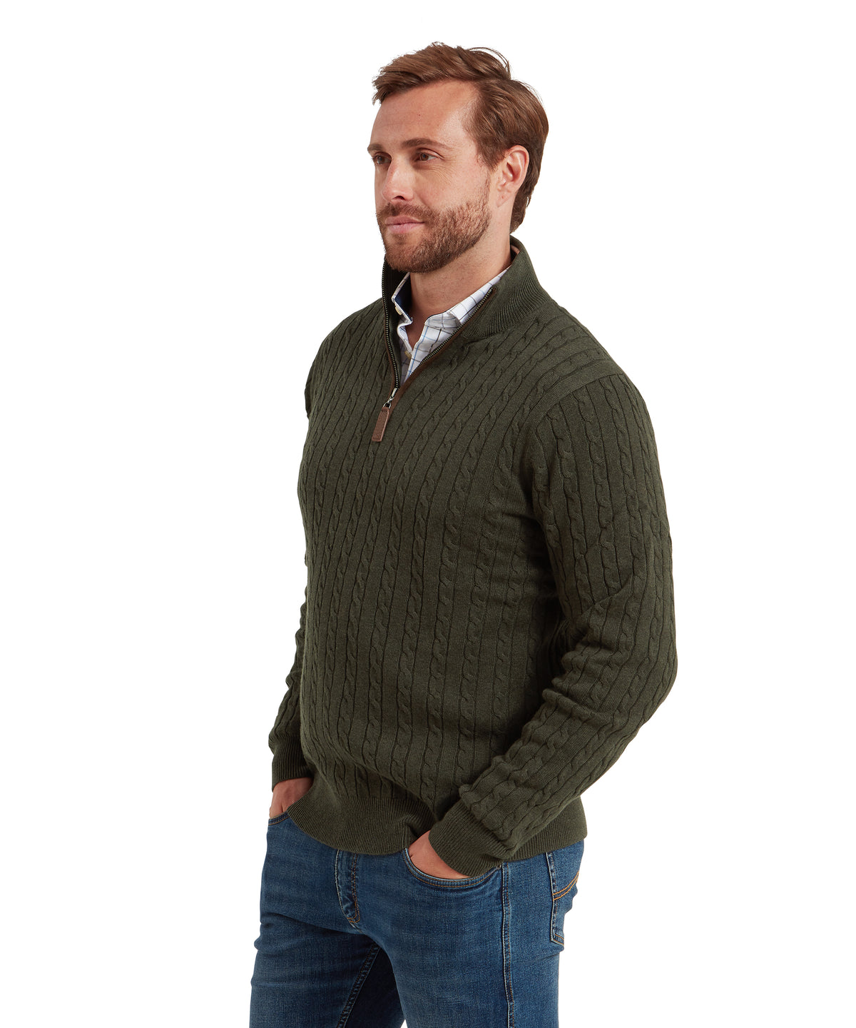 Model wearing the Schöffel Calton Cotton Cashmere Cable 1/4 Zip Jumper in Green, metal zipper