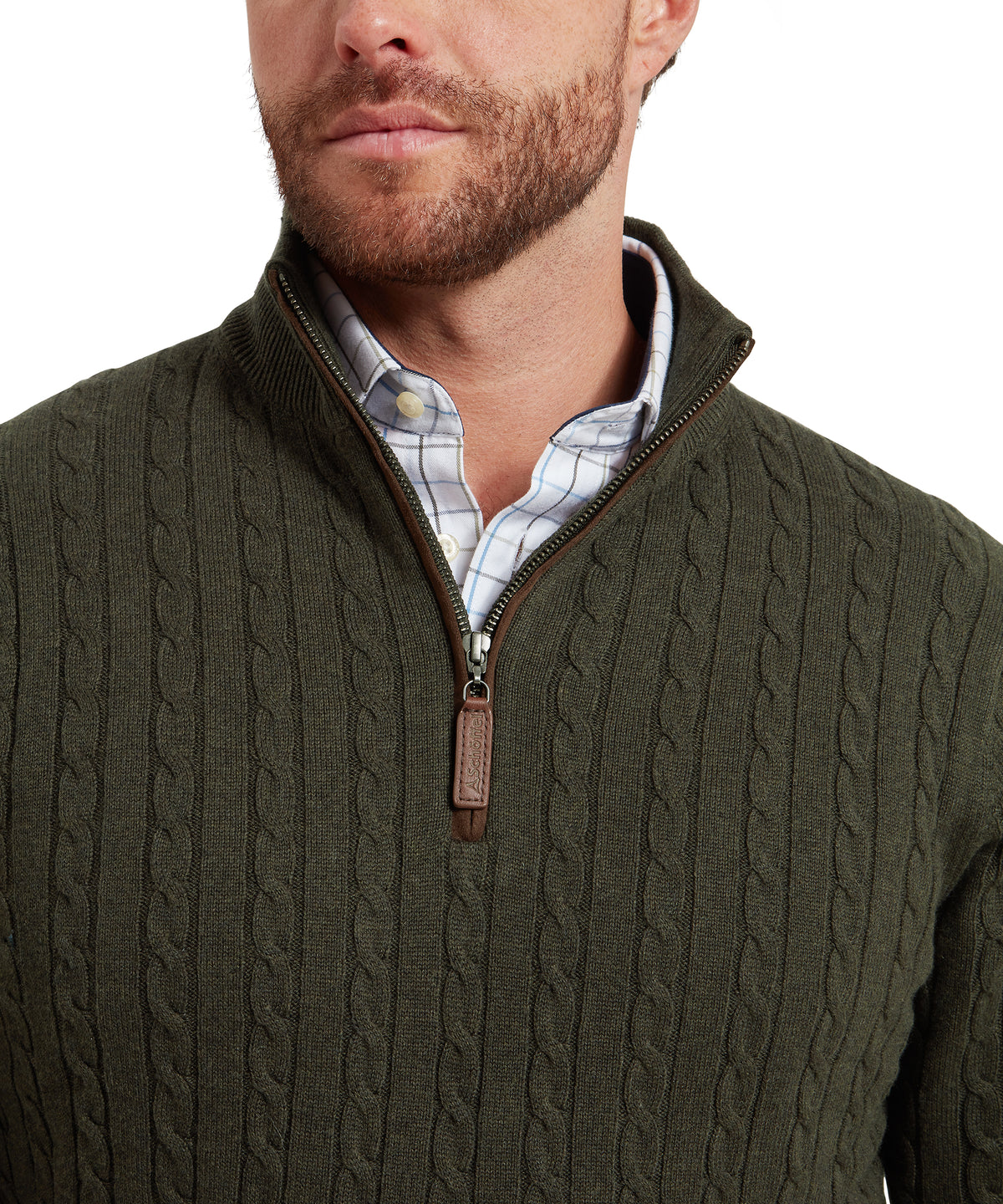 Calton cotton cashmere cable quarter zip jumper in olive green with leather zipper pull made from
