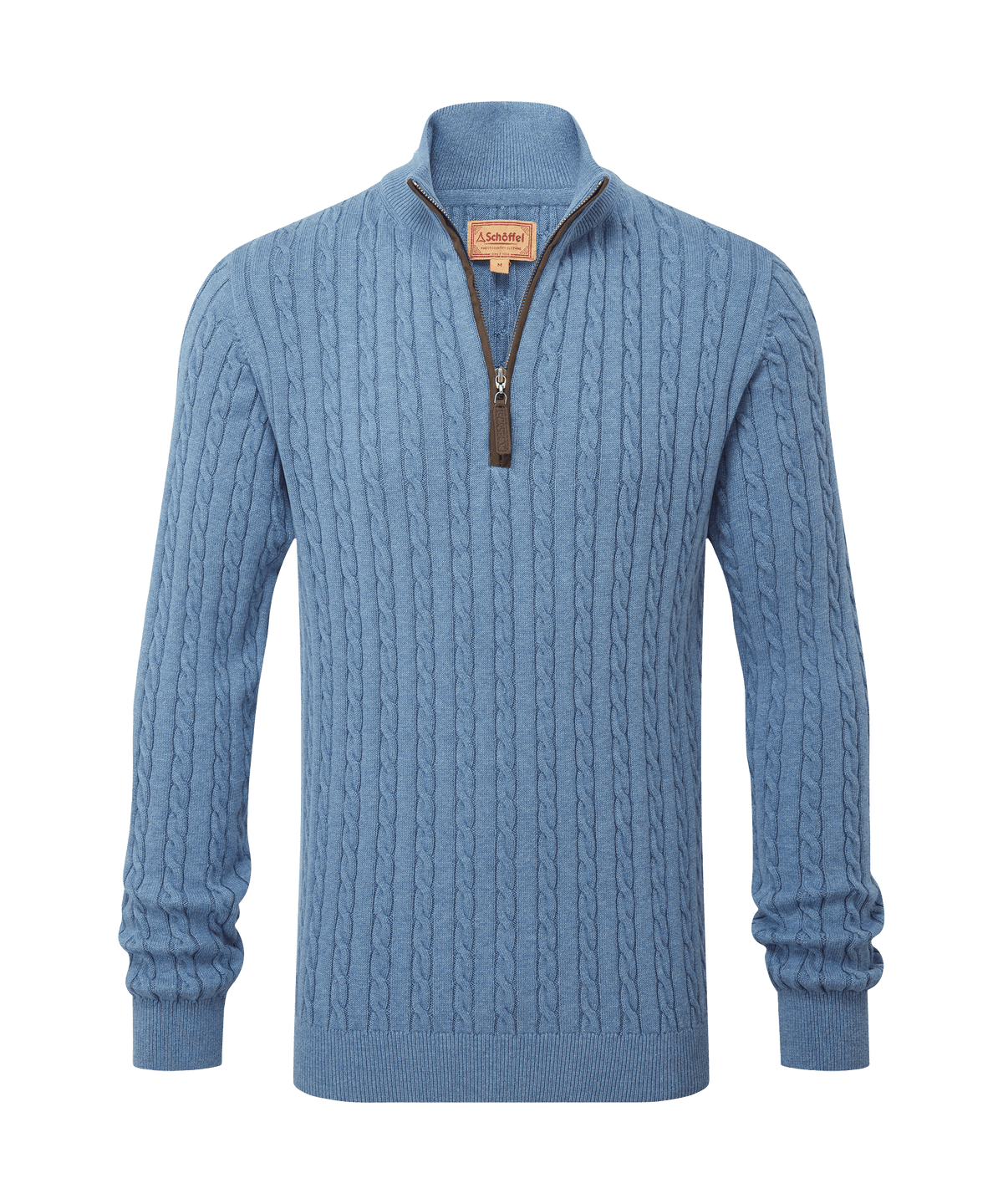 Calton cotton cashmere cable quarter zip jumper in lake blue with half-zip front and ribbed cuffs
