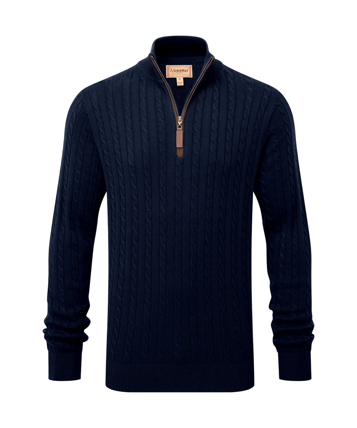 Navy cable-knit cotton cashmere quarter-zip jumper with brown zipper pull and brand tag at