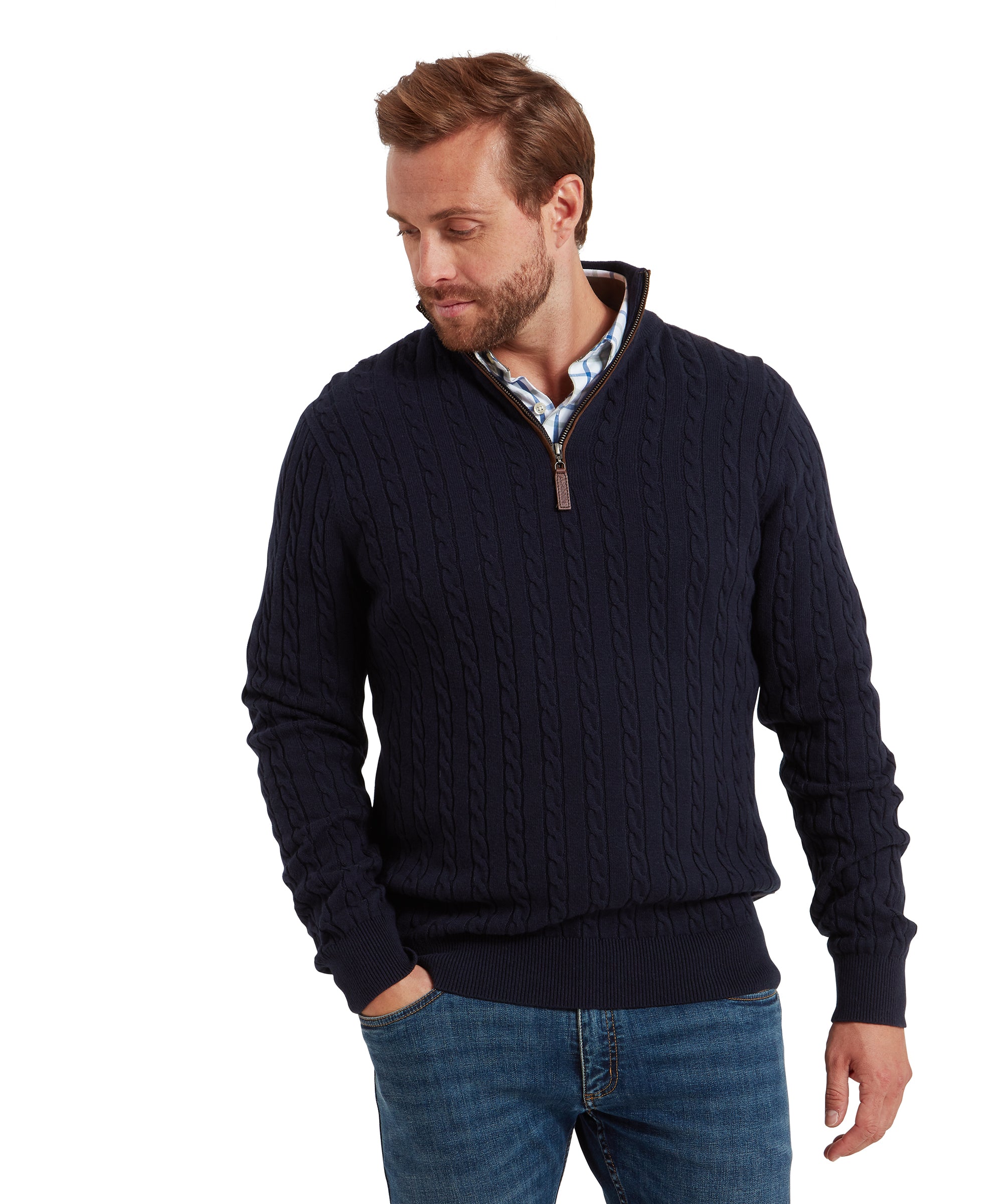 Schöffel men's Calton cotton cashmere cable quarter-zip jumper in navy, front view styled with jeans