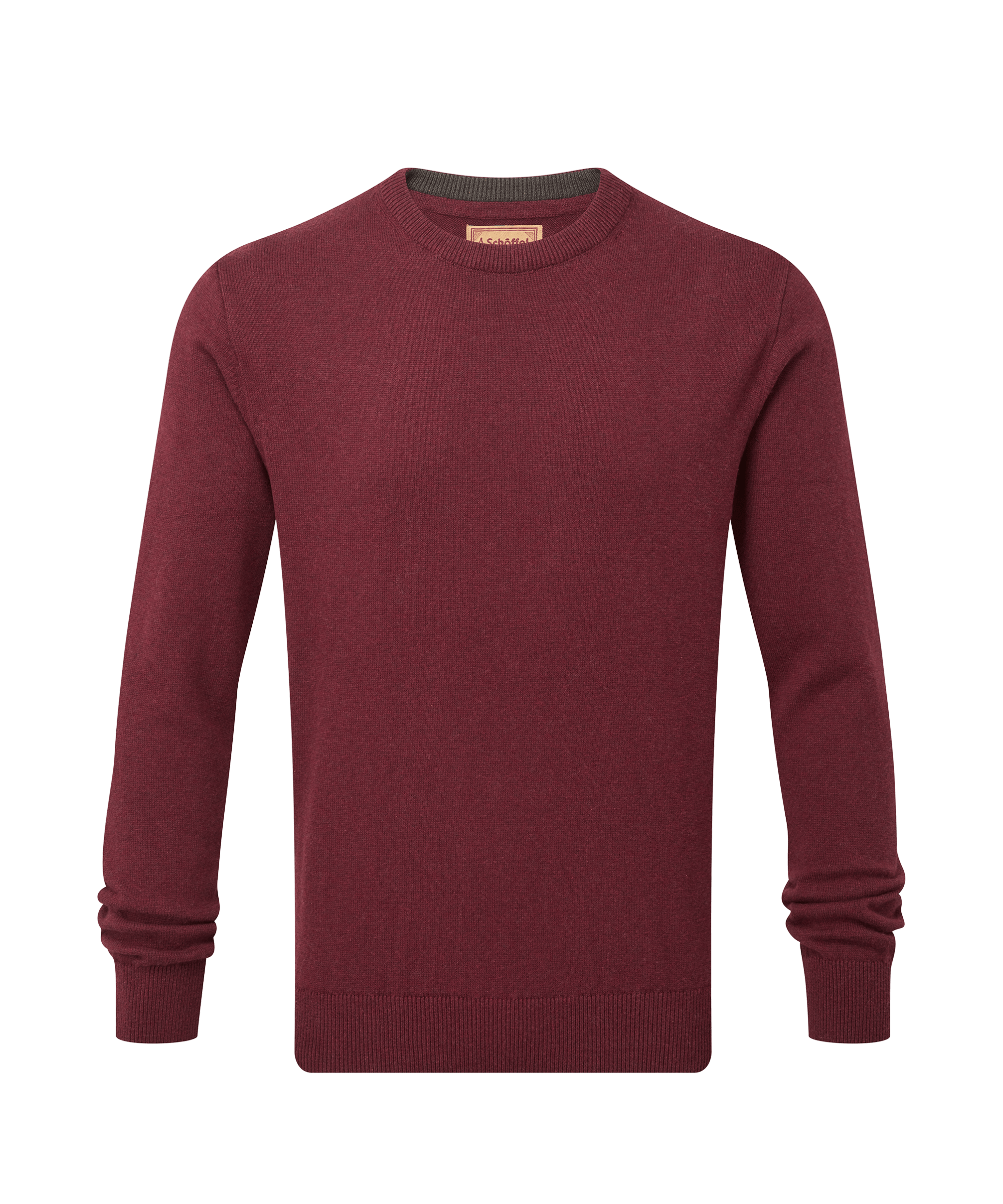 Schöffel men's textured crew-neck sweater in rich burgundy with a branded patch label