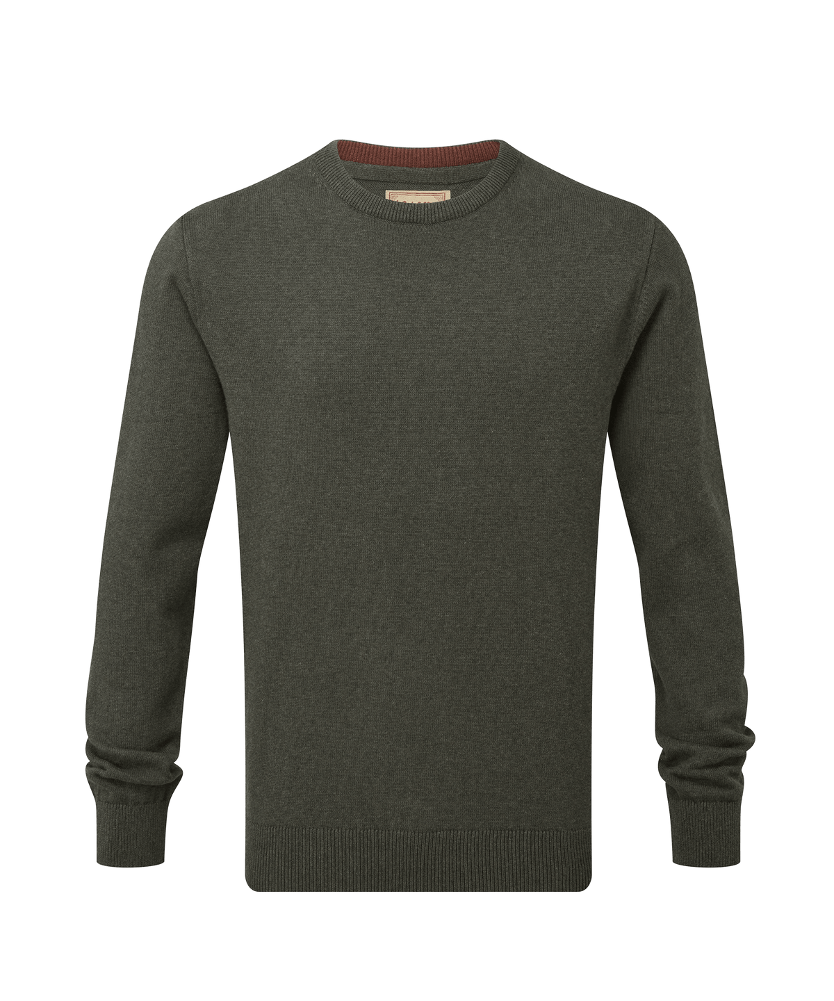 Calton cotton cashmere crew jumper in loden green with olive green knit and contrasting burgundy