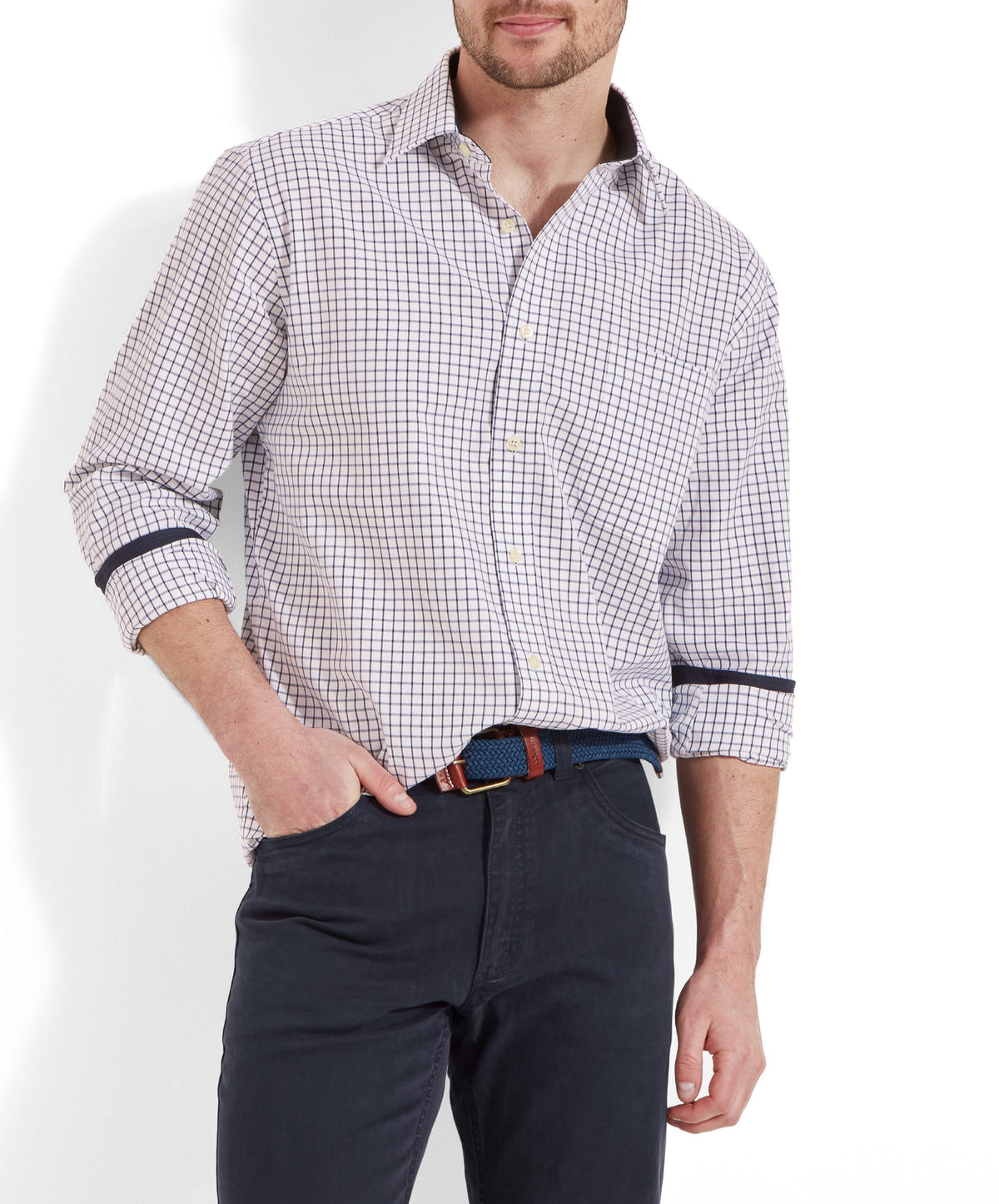 Cambridge classic shirt dark navy crisp white and navy blue checkered button-down with rolled