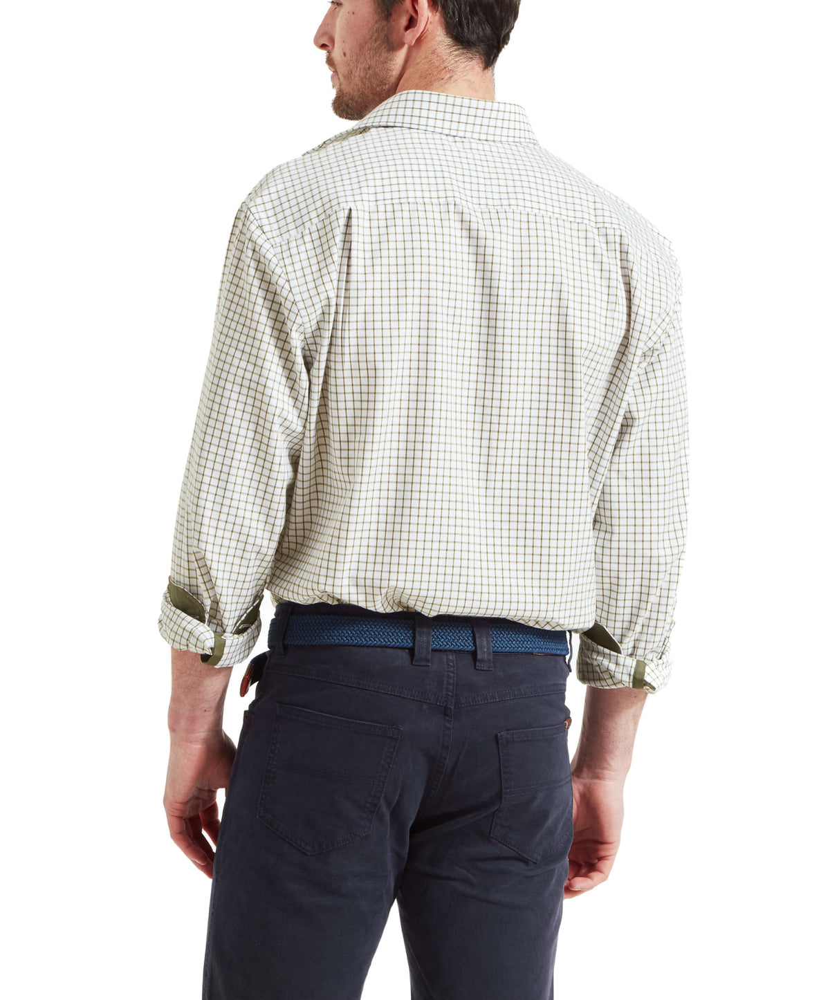 Man wearing cambridge classic shirt olive in beige and dark green subtle checkered pattern