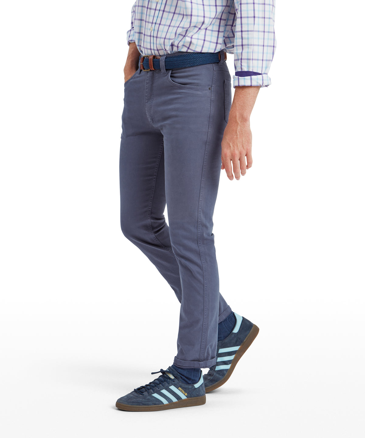 Navy blue slim-fit Canterbury Jeans chinos with subtle woven texture and belt loops in slate blue