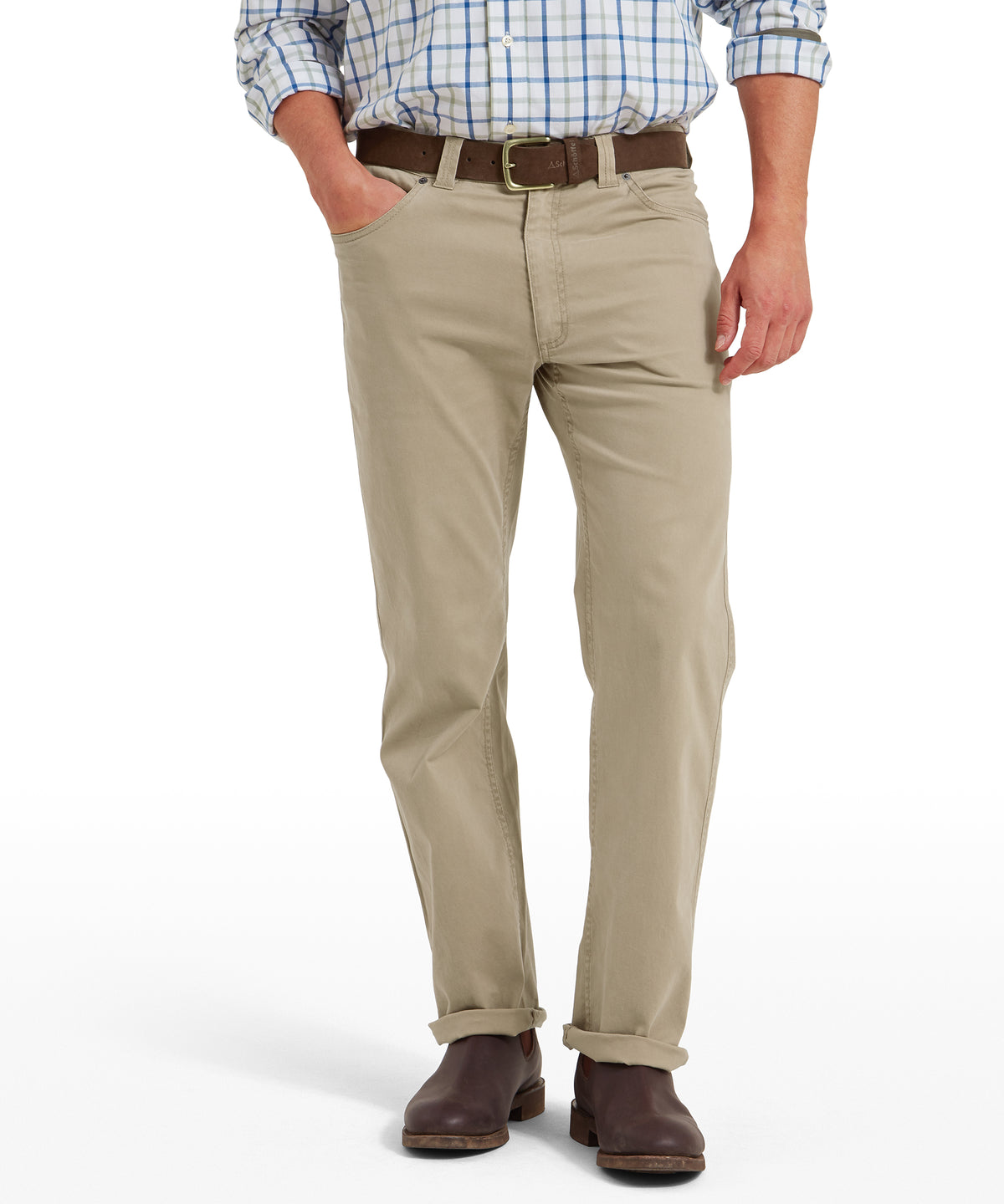 Khaki chino pants with classic fit subtle stitching and rolled cuffs featured in canterbury 5