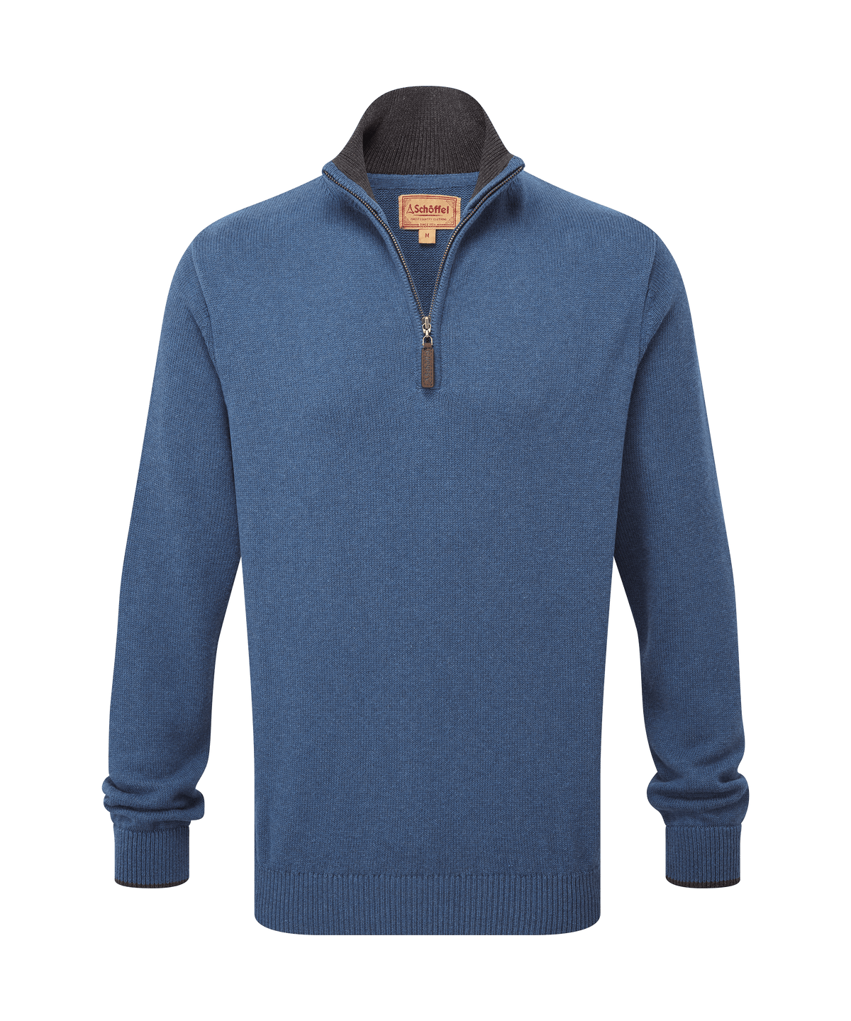 Castlebay quarter zip jumper in force blue with dark gray ribbed collar and cuffs featuring subtle