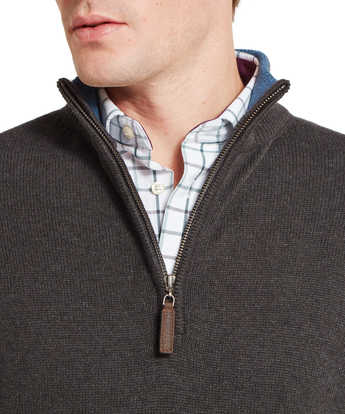 Dark gray textured knit castlebay quarter zip jumper with brown leather pull tab in charcoal color