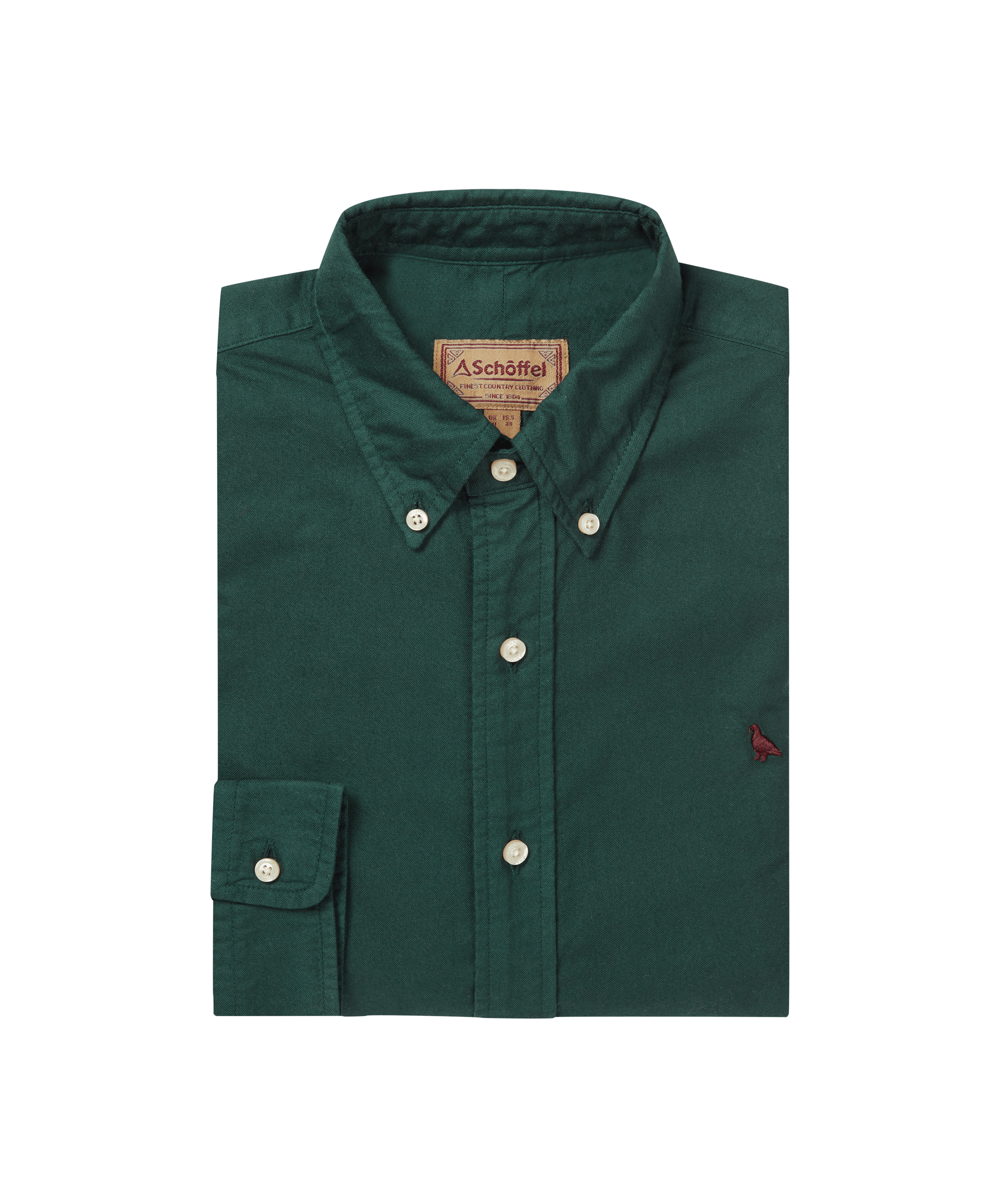 Cavendish oxford shirt in deep pine with white buttons and a subtle embroidered bird on the chest